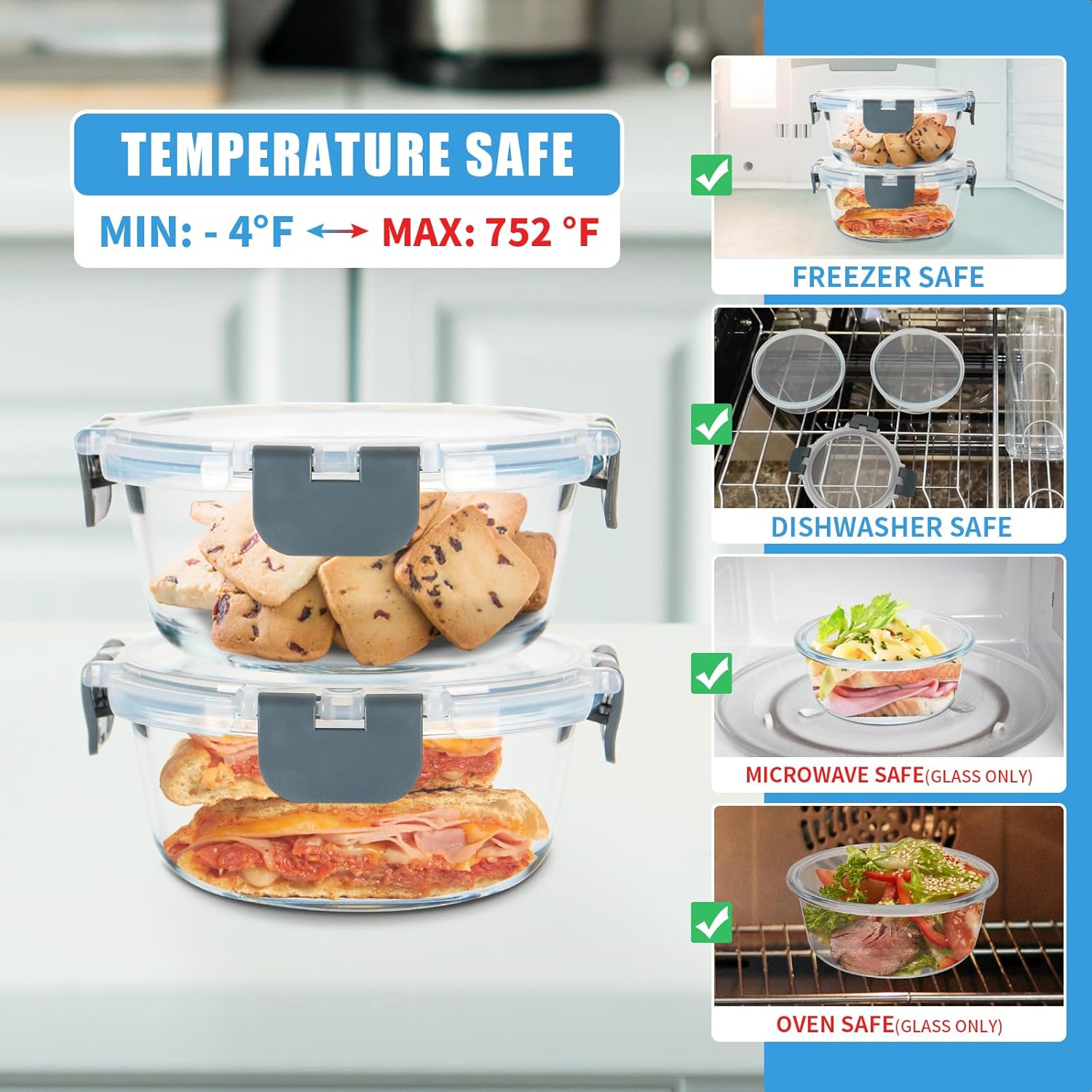 12 Pack Small Glass Food Storage Containers with Lids Airtight, 13oz Leak-Proof Meal Prep Containers Set, Freezer to Microwave Safe, Dishwasher Safe - Image 4