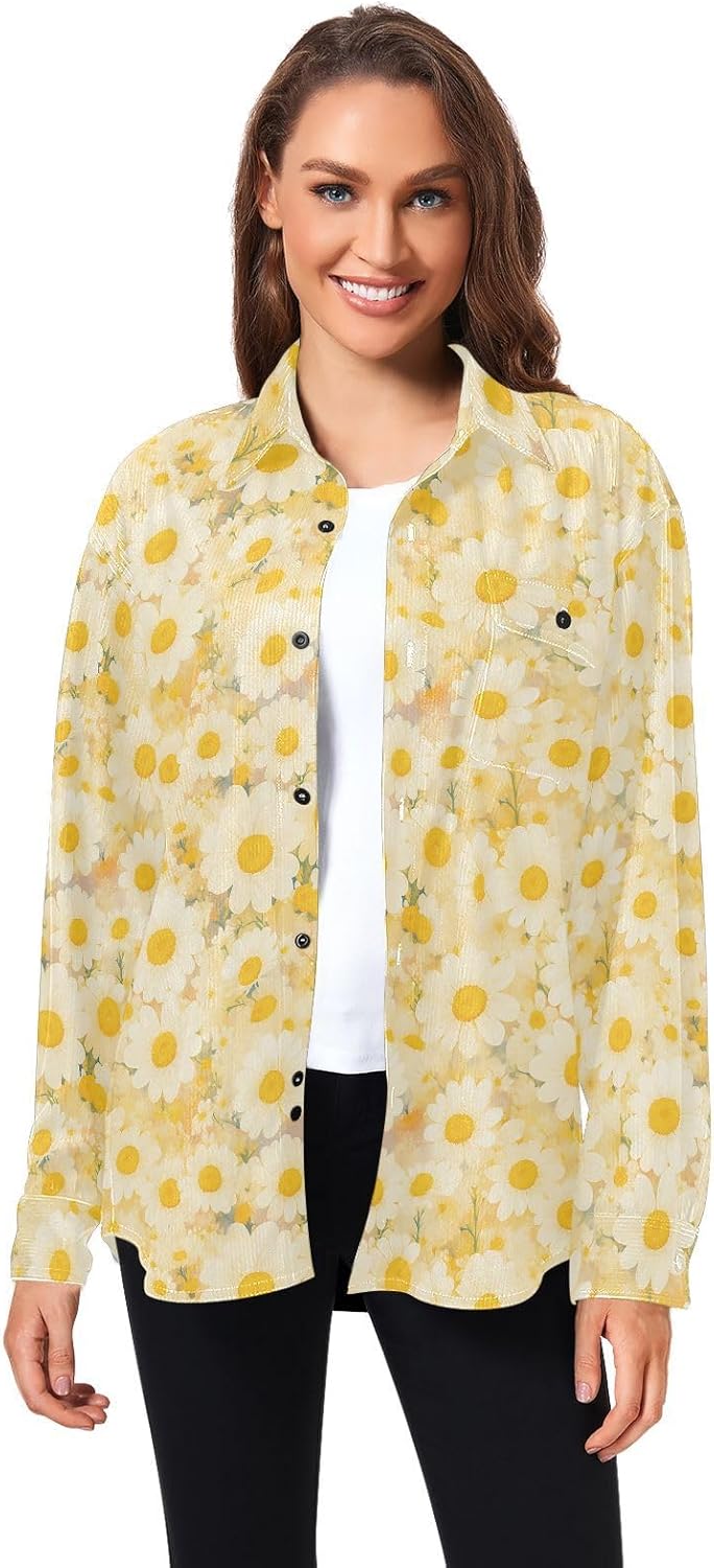 KLL Delicate Daisy Print Ladies Mens Wrinkle Free Rugby Shirts Daily Wear Long Sleeve Tops