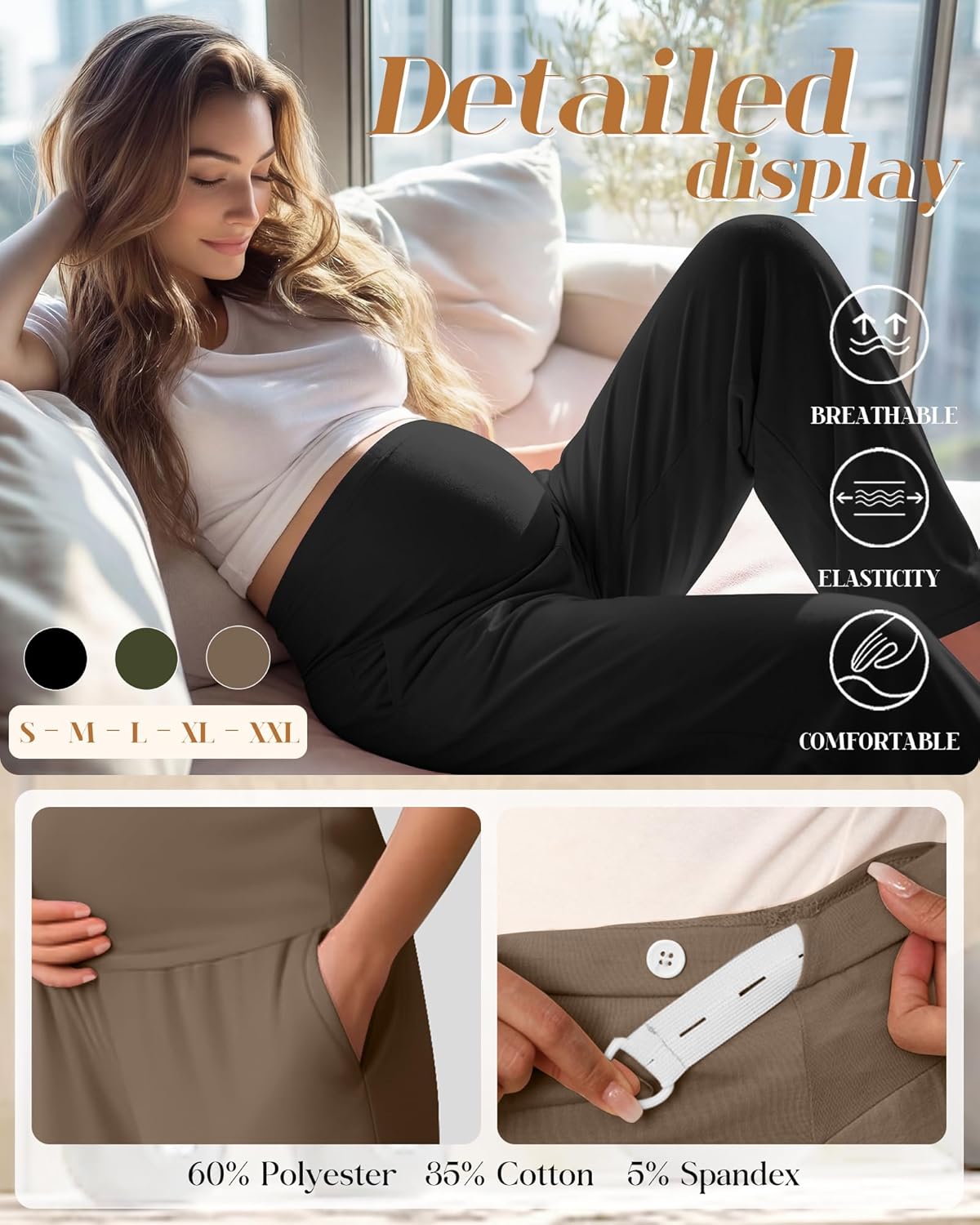 3 Pack Women's Maternity Pants Loose Wide Leg Pregnancy Sweatpants Over the Belly Lounge Pants Pajama with Pockets(Black, Army Green, Coffee,Large)