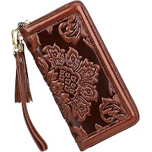PIJUSHI Leather Wallets For Women Floral Wristlet Wallet Card Holder Purse | Wristlet Clutch Purse with 8 Card Slots, RFID Blocking, Embossed 3D Floral Pattern, for Dating, Party, Shopping, 91853 Brown