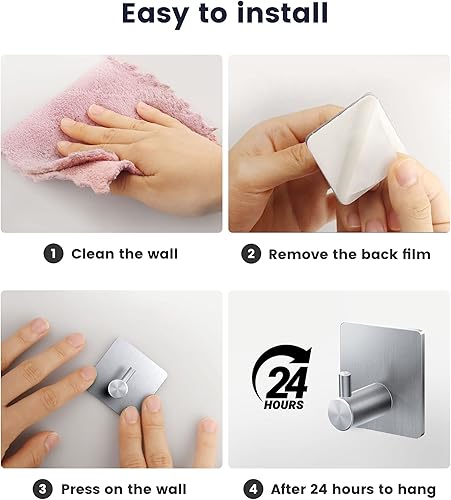Miniatura 6 de xdgeLoad Ganchos para toallas de baño, paquete de 4 ganchos adhesivos de pared, ganchos negros de acero inoxidable mate para colgar toallas,