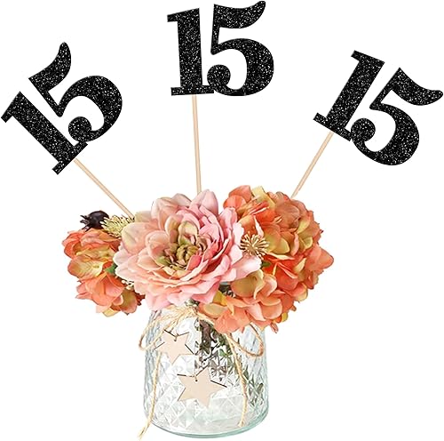 12 piezas de palos centrales de feliz 15 cumpleaños de doble cara con purpurina número 15, flores de mesa, centros de mesa florales, decoración para