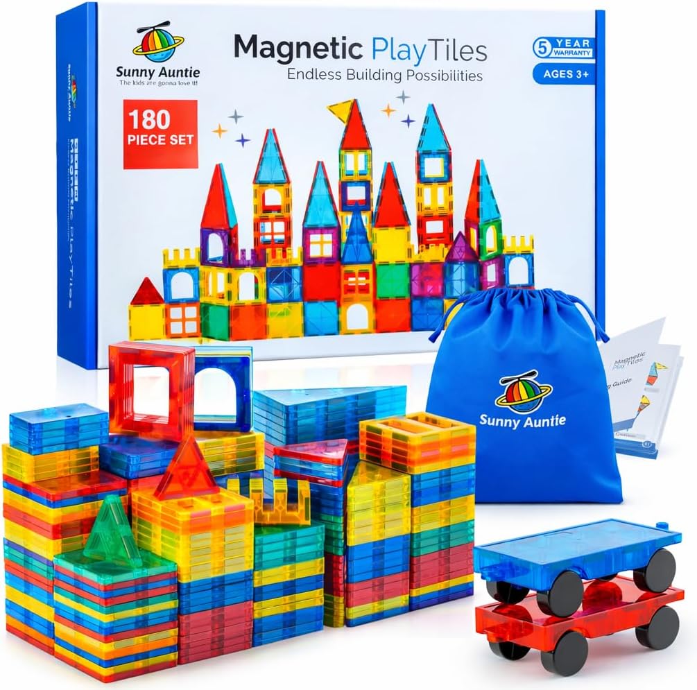 SUNNY AUNTIE Magnetic Tiles 180 PCS XL Set with Storage Bag – Magnetic Building Tiles for Kids Ages 3-8, STEM Magnet Construction Toy for Boys & Girls