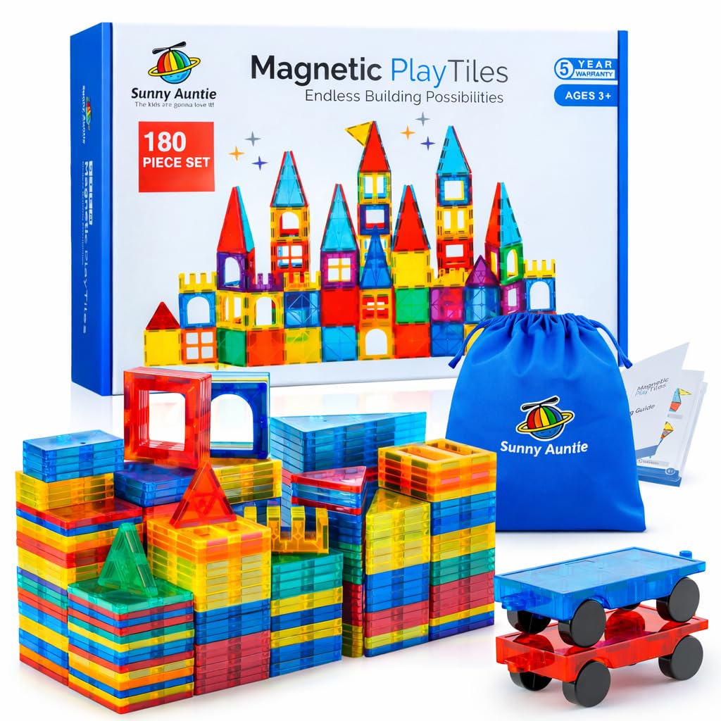 SUNNY AUNTIE Magnetic Tiles 180 PCS XL Set with Storage Bag – Magnetic Building Tiles for Kids Ages 3-8, STEM Magnet Construction Toy for Boys & Girls — image 1