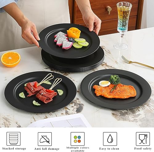 Miniatura 4 de Berglander Juego de 8 platos de plástico negro de 10 pulgadas, platos planos reutilizables, platos de ensalada, cuencos para pasta, juego de platos
