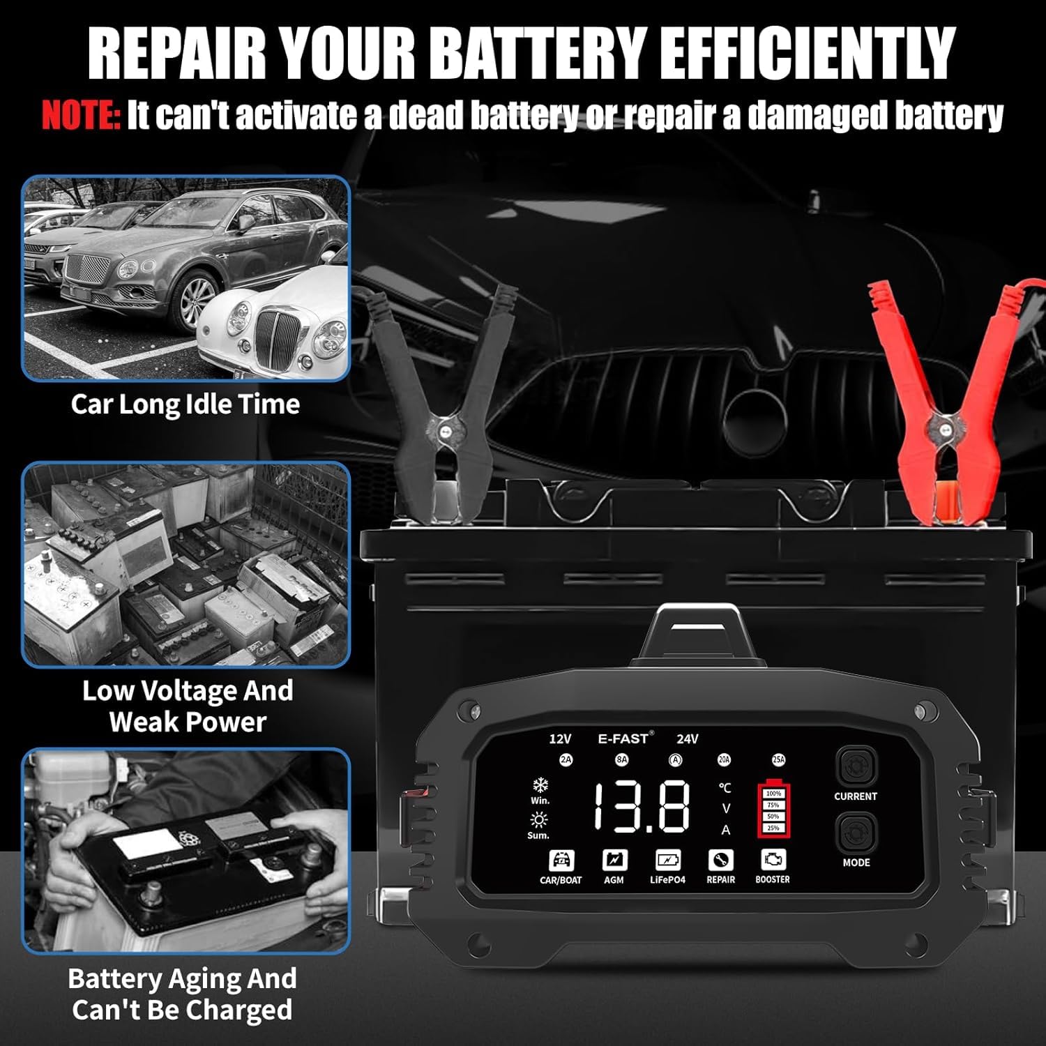25A Chargeur de Batterie Voiture LiFePO4 12V/24V Auto Intelligent avec Écran LCD pour Voiture Moto Camion, AGM, Gel, Wet