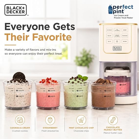 BLACK+DECKER Ice Cream Maker for Families & Kids Make Protein, Keto & Dairy-Free Ice Cream, Gelato & Milkshakes at Home Easy Creamy Pint Machine with Mix-Ins