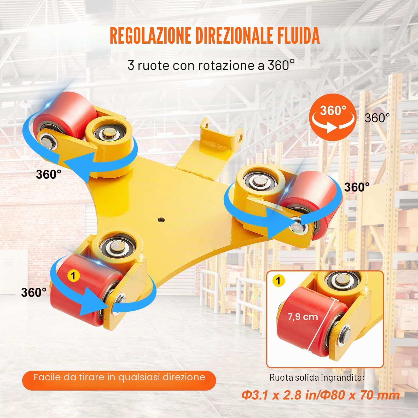 VEVOR Pattini a Rotelle per Trasporto di Carichi Pesanti Capacità Carico Max. 3 Tonnellate, Pattini in Acciaio al Carbonio Piattaforma Antiscivolo Rotazione da 360° con Maniglia da Magazzino Officina