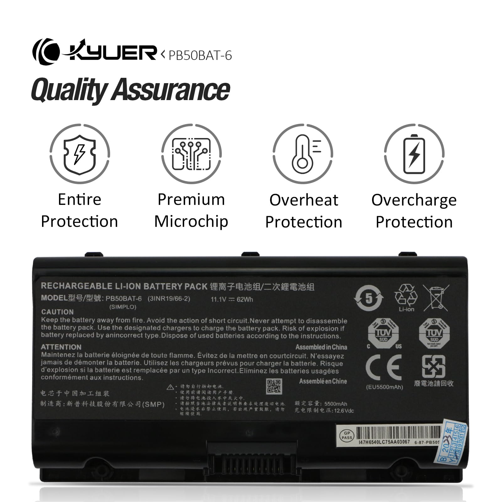 K KYUER 62Wh PB50BAT-6 Laptop Akku für Clevo PB71EF-G PB51EF-G PB71RF-G PB51RC PB51RF-G NH57AF1 PB70EF PowerSpec 1720 1520 Eurocom Nightsky Ti15 Schenker XMG Pro 15 Apex 15 Sager NP8371 NP8356 NP8377