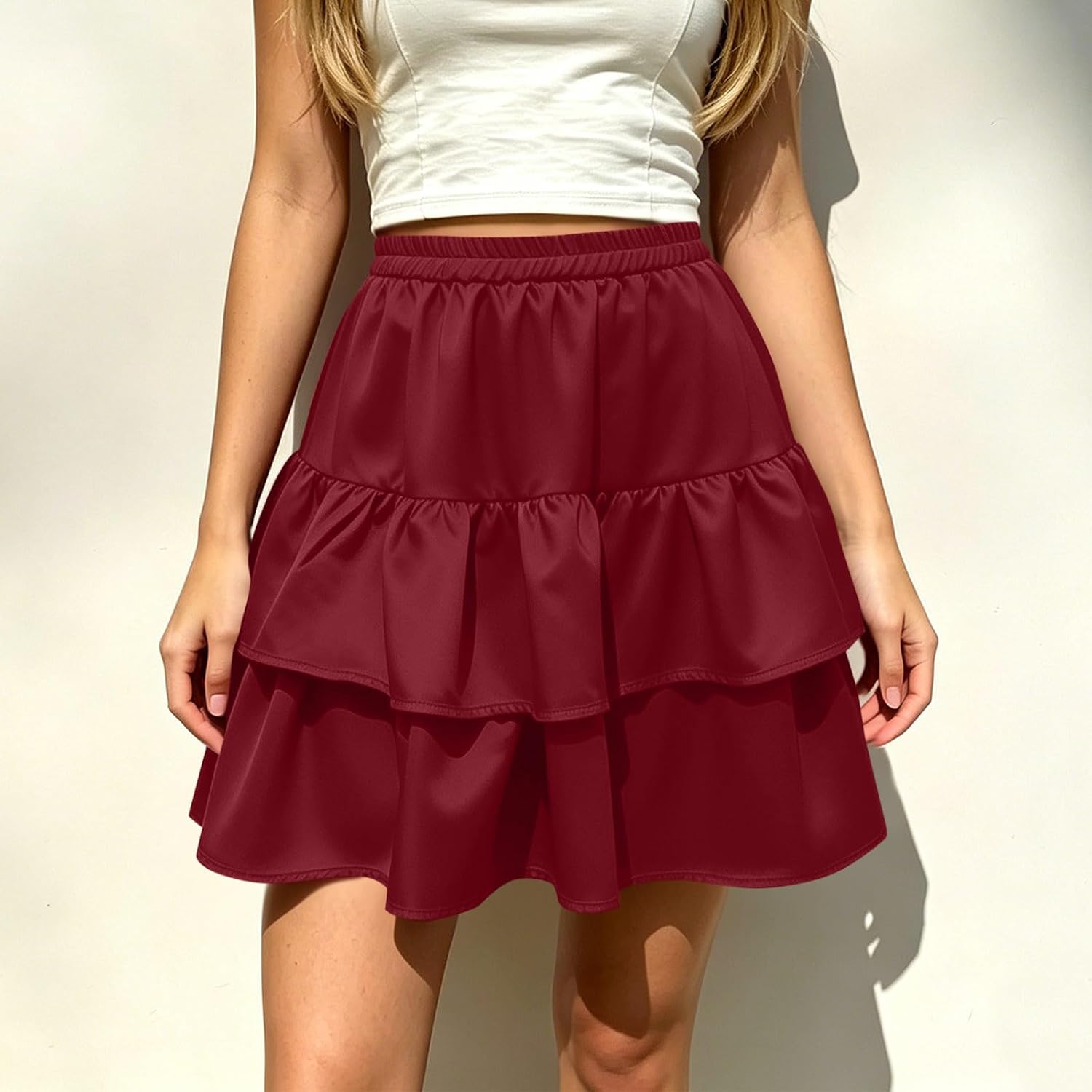 Flowy Skirts for Women Ruffled Tiered Casual Elastic High Waist A-Line Mini Skirts Summer Loose Fit Comfy Clothing