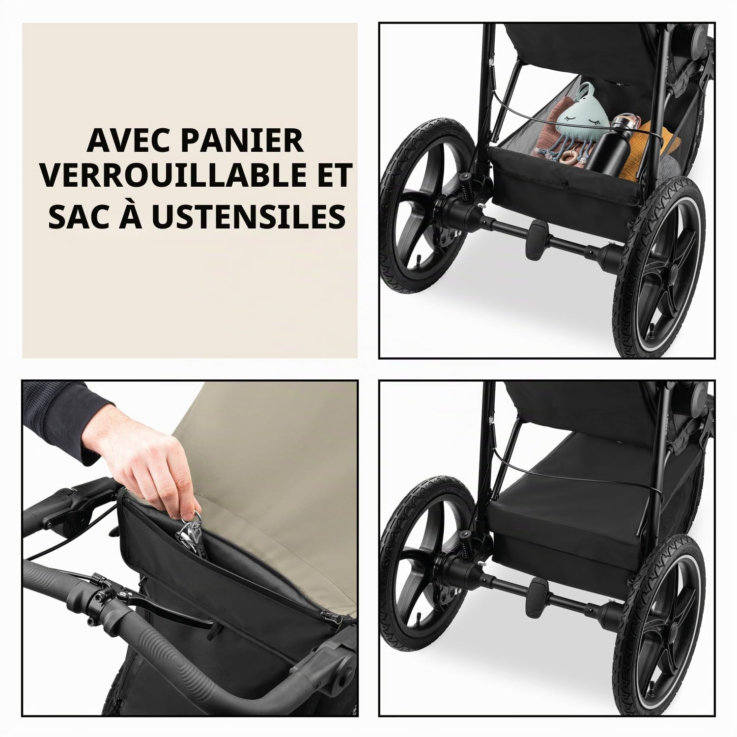 Hauck Runner 3 Olive Poussette tout-terrain robuste avec frein à main, pare-soleil XL, porte-gobelet, housse de pluie, roues pneumatiques XL, dossier inclinable dès la naissance jusqu'à 22 kg, poignée