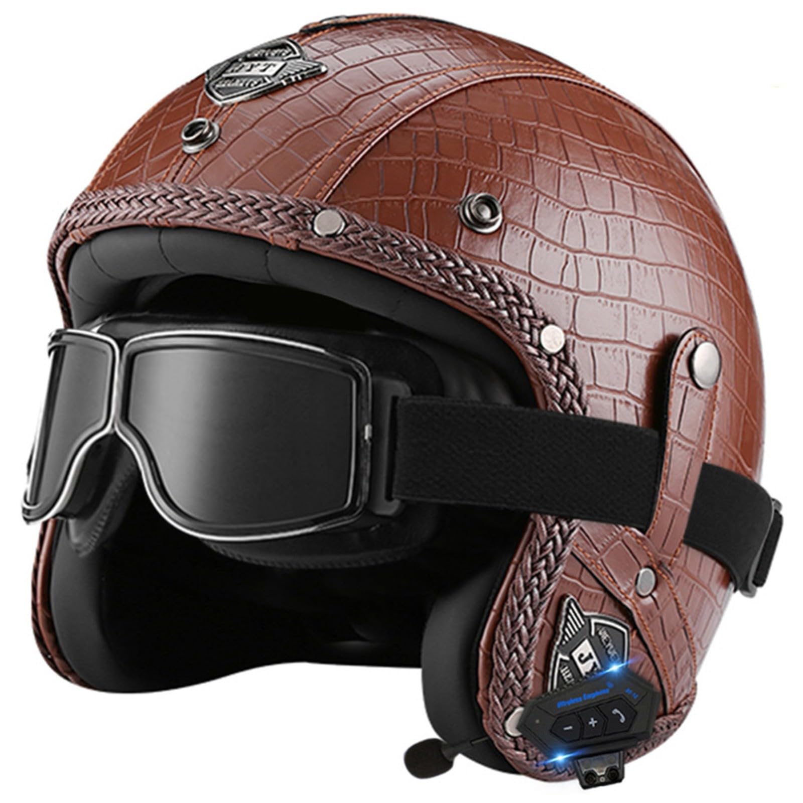 Motorbike Open Face Bluetooth Helmet Retro Jet Motorcycle Leather Helmet Adult Half Helmet with Fashion Goggles ECE Approved Men's and women's 3/4 helmets Moped Scooter