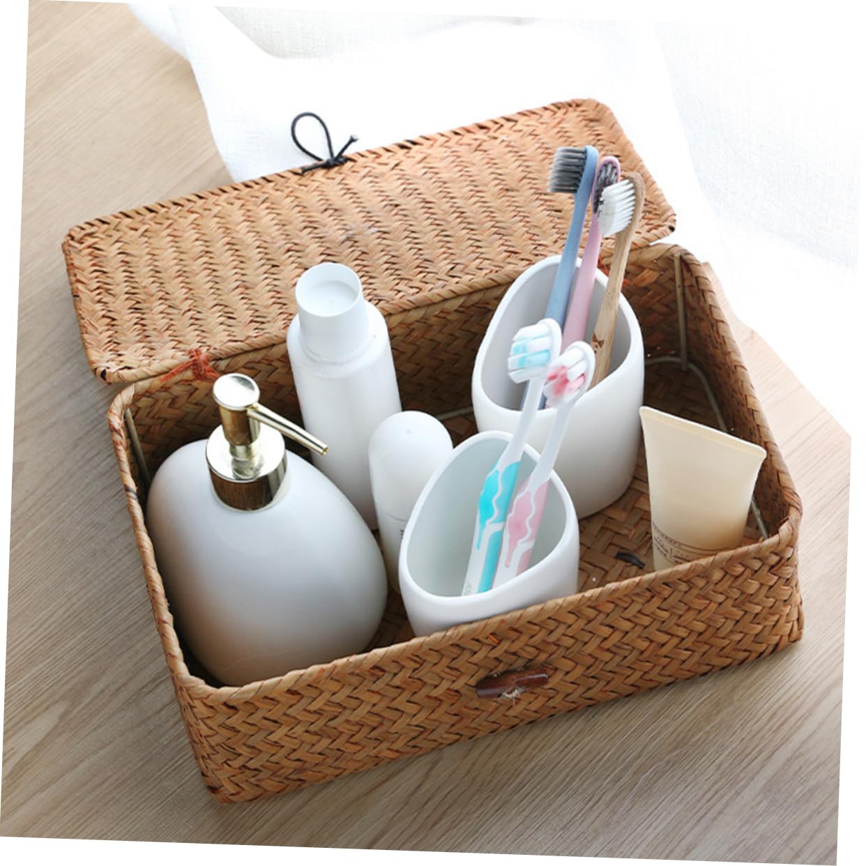 Gatuida 5 Pz cestino portaoggetti cesti portaoggetti cesta portaoggetti vimini scatole di immagazzinaggio con coperchi roti contenitore da tavolo organizer in paglia intrecciata Cannuccia