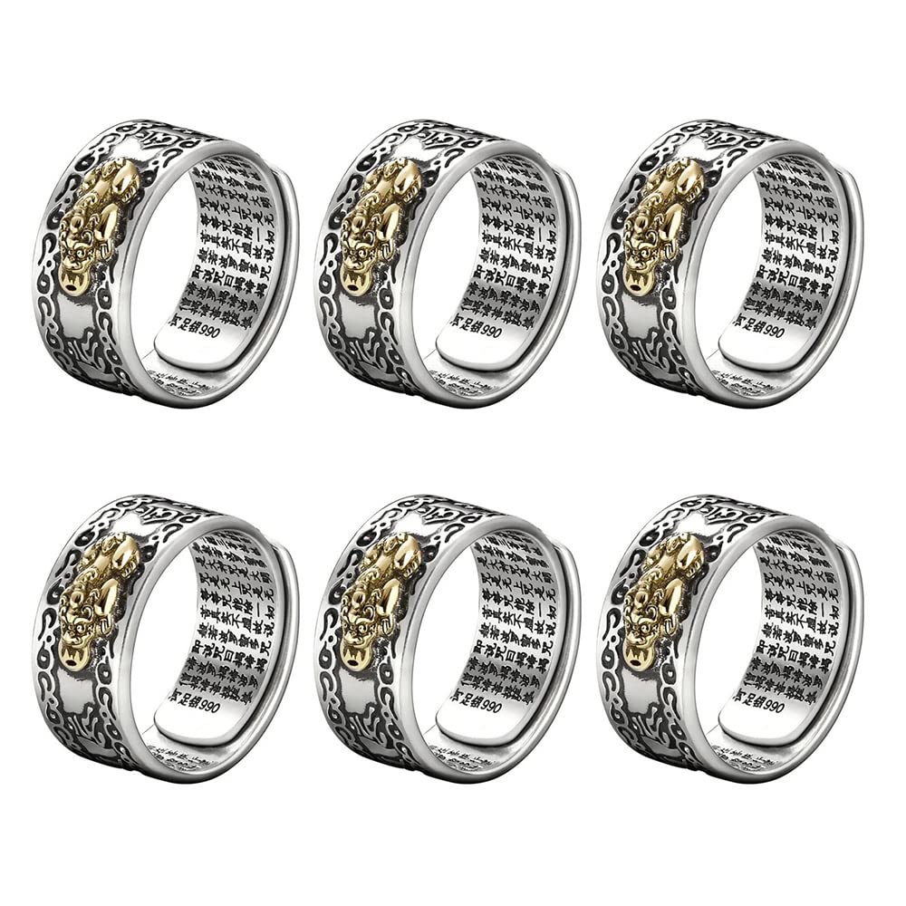 6PCS Feng Shui Pixiu Mantra Ring - Adjustable Amulet for Wealth and Good Luck (Gold)