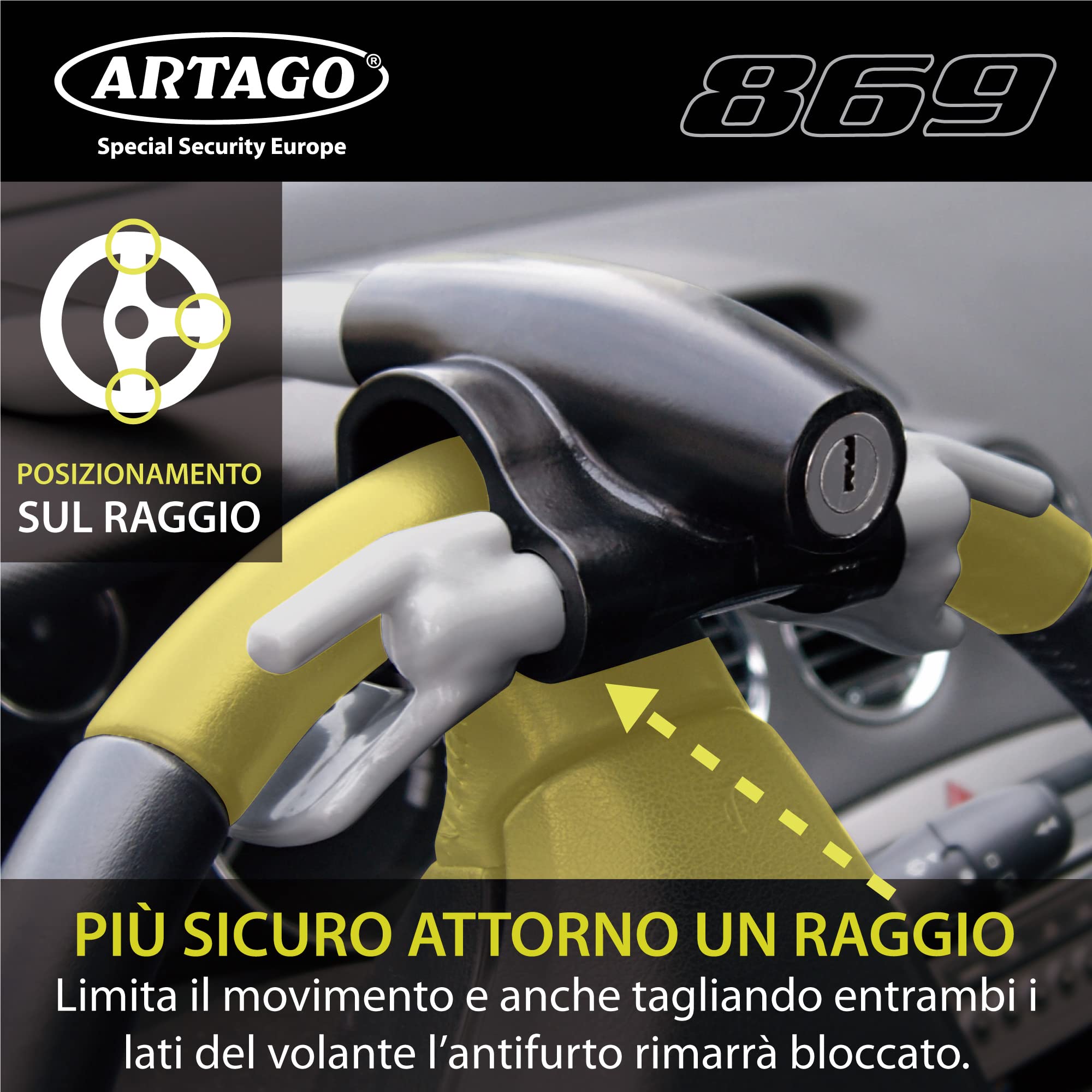 ARTAGO 869 Antifurto Auto Blocca Volante Rinforzato più Adattabile Bloccaggio Basculante