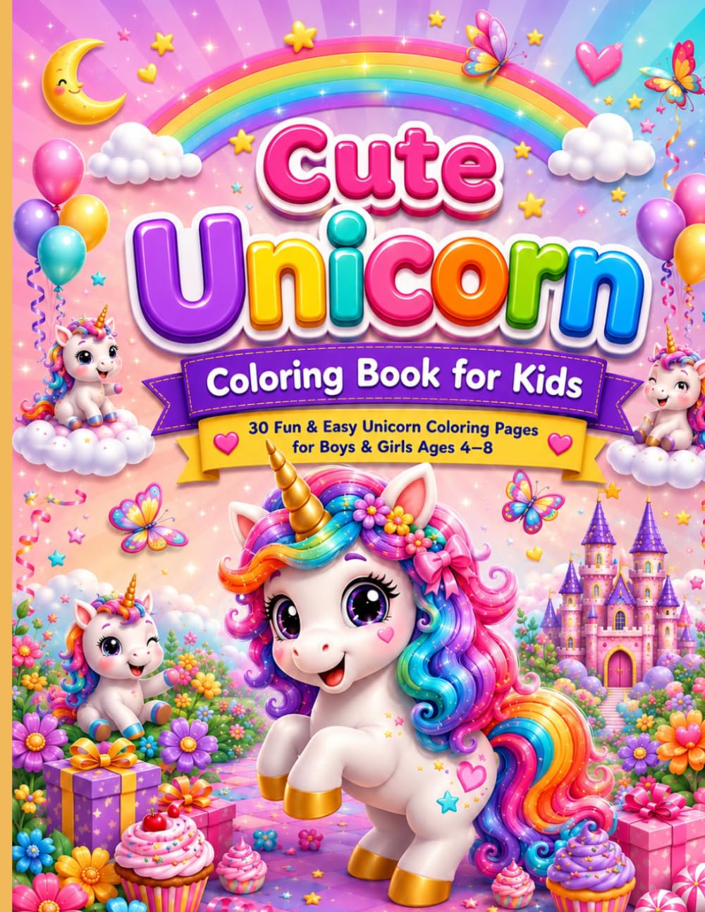 Cute Unicorn Coloring Book for Kids: 30 Fun & Easy Unicorn Coloring Pages for Boys & Girls Ages 4–8