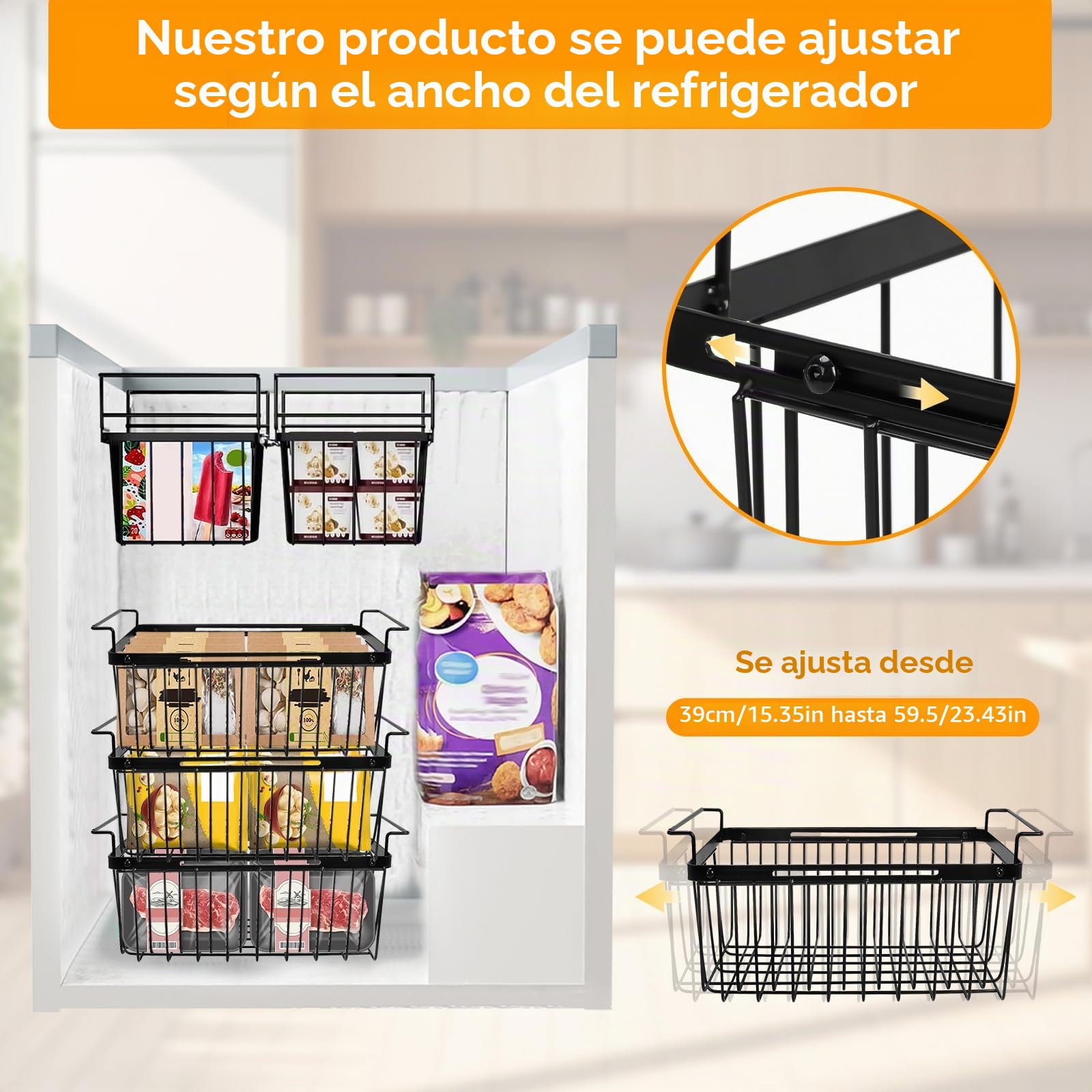 2 Negro Cesta para Congelador Extensible, Organizador Arcon Congelador Extensible Longitud 39.5cm a 59.5cm, Apilable Organizador Nevera con Asas Plegable y Fondo Antideslizante para 141 a 198L