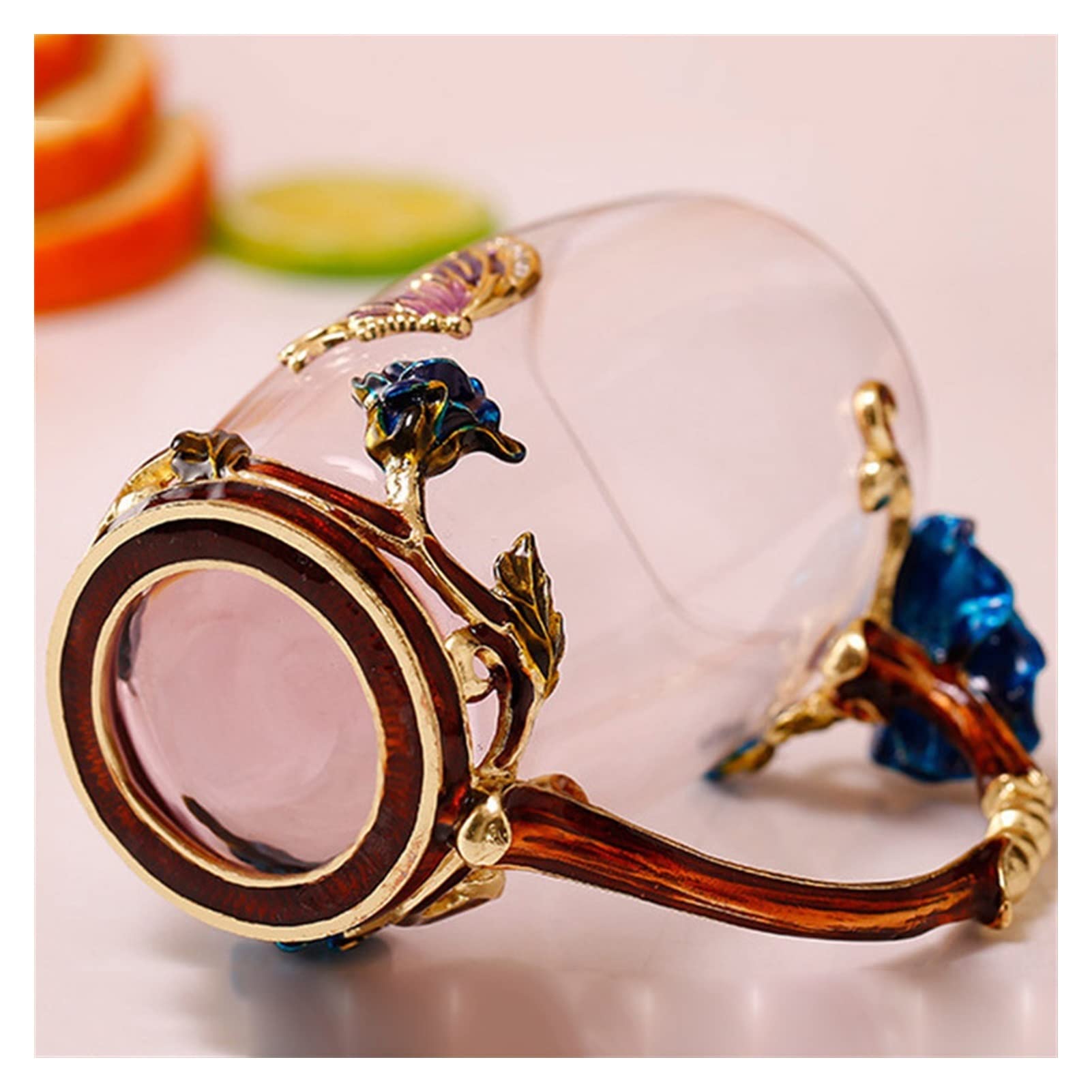 Kaffeetassen mit Untertassen,Tassen & Untertassen Emaille Kaffee Teetasse Becher 3D Rose Butterfly Glas Tassen Hochzeitsgeschenk(Blue Short with spoo)