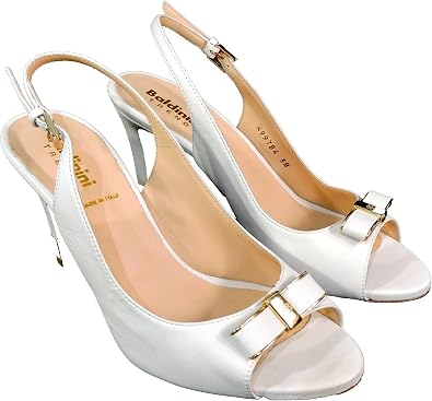 Baldinini Womens White Leather Slingback Sandals, Peep Toe Heels with Gold Bow Detail