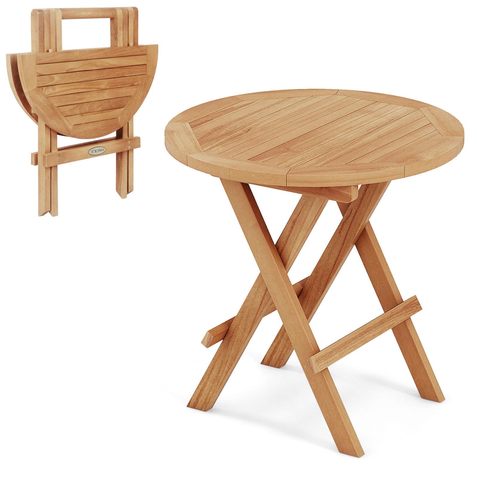 RELAX4LIFE Folding Outdoor Side Table - Teak Wood End Table, Round Coffee Bistro Table w/Slatted Tabletop, Portable Picnic Camp Table for Poolside