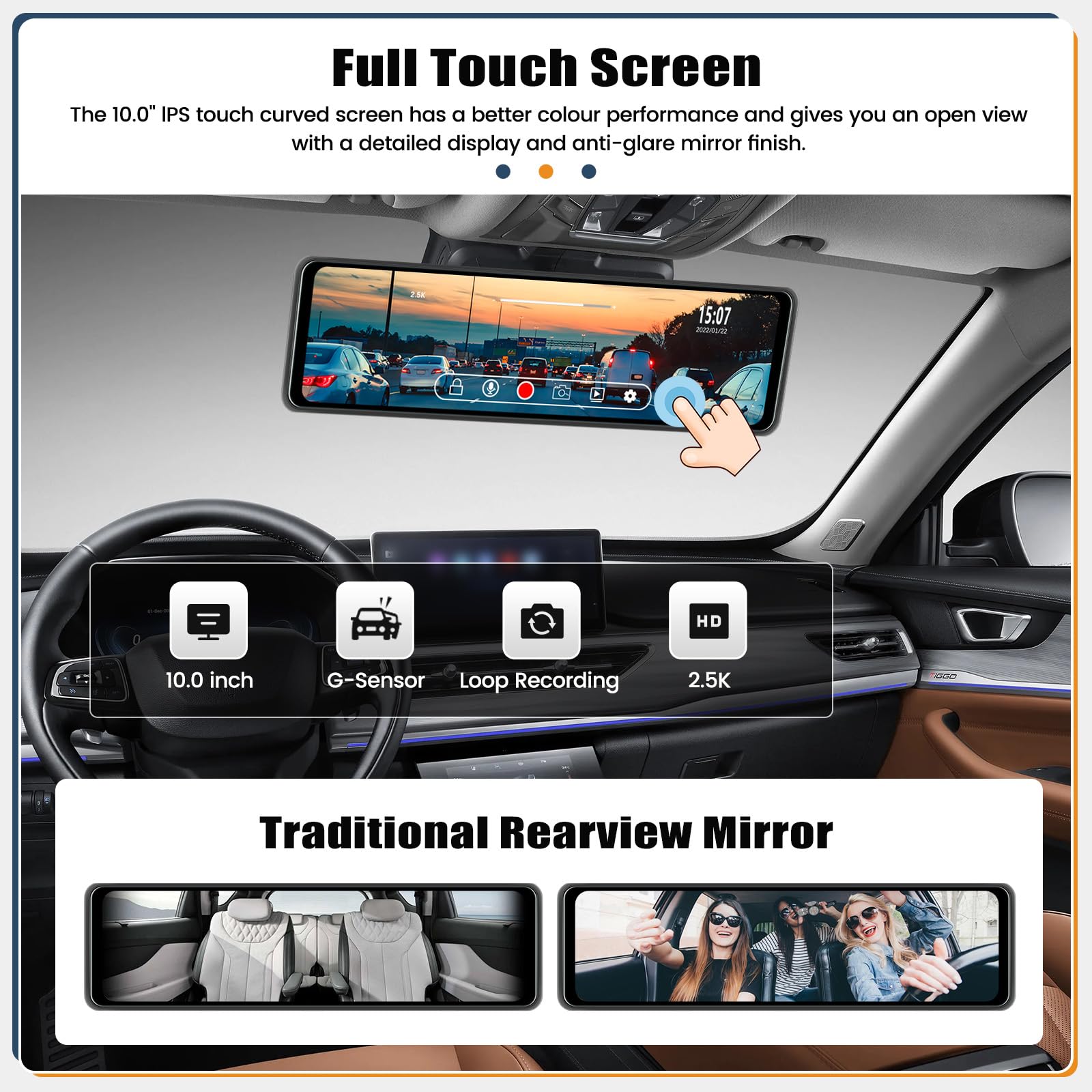 SIXTOP Dash Cam 10 Pulgadas, Espejo Inteligente para Coche con GPS/Cámara Doble Panel/Visión Nocturna/Tarjeta 64G+Cámara de visión trasera
