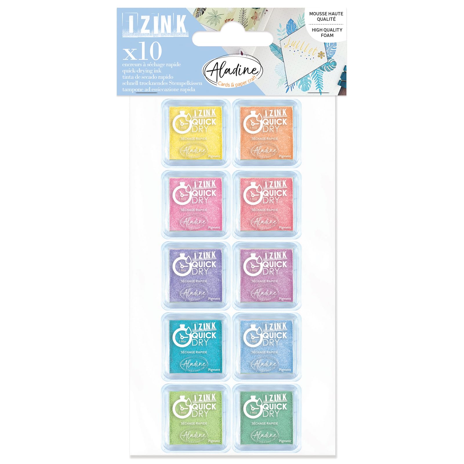 Aladine - Izink 03977-10 Mini Pastel Quick Dry Ink Pads - 3.2 x 3.2 cm - Yellow, Orange, Pink, Blue, Green - for Scrapbooking, Cardmaking, Crafts