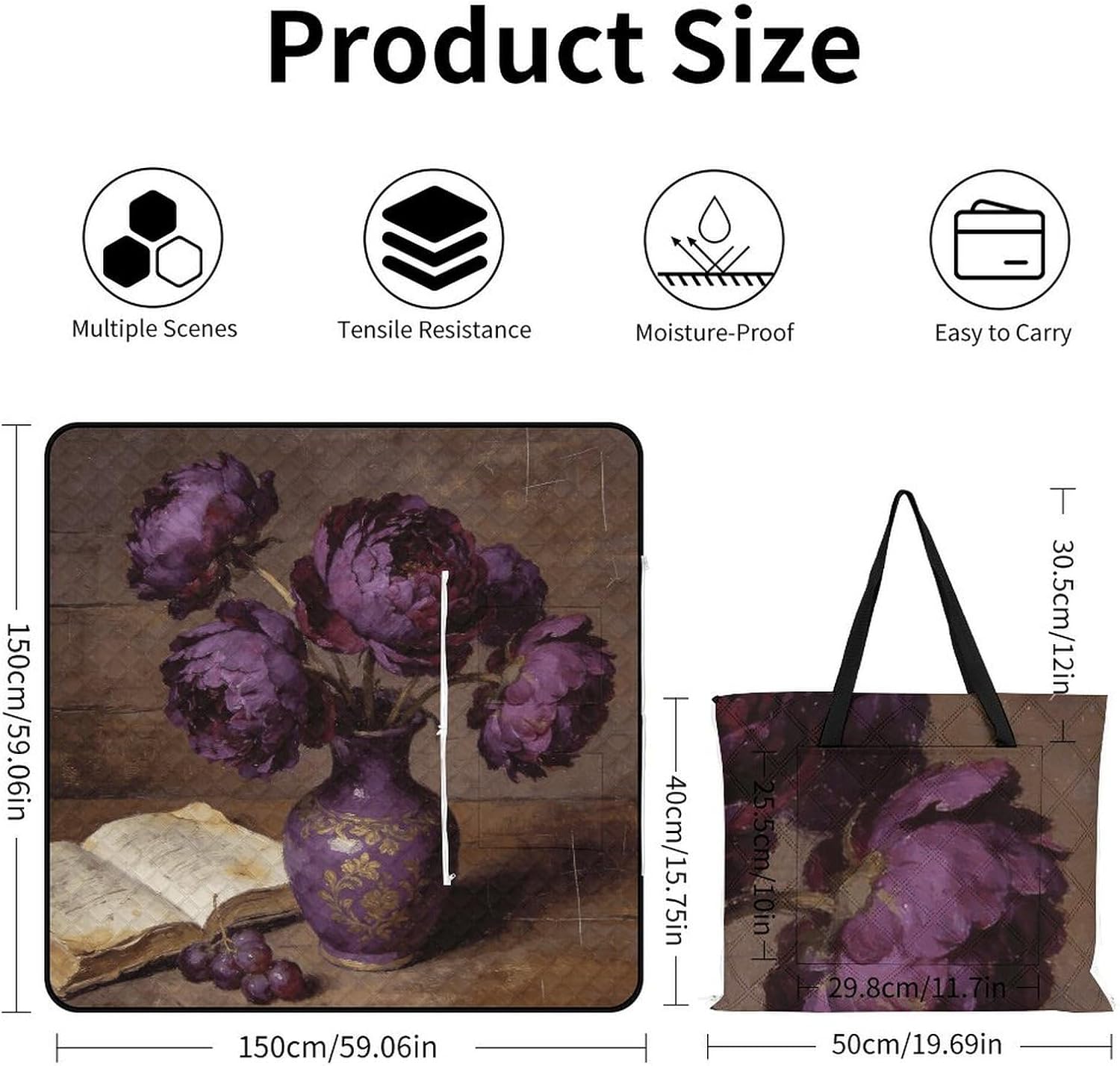 Purple Vase with Delicate Flowers Picnic Blanket with Zipper Water Resistant Sand Free Picnic Mat Washable Foldable Easy Carry Beach Blanket for Lawn Beach Hiking Camping