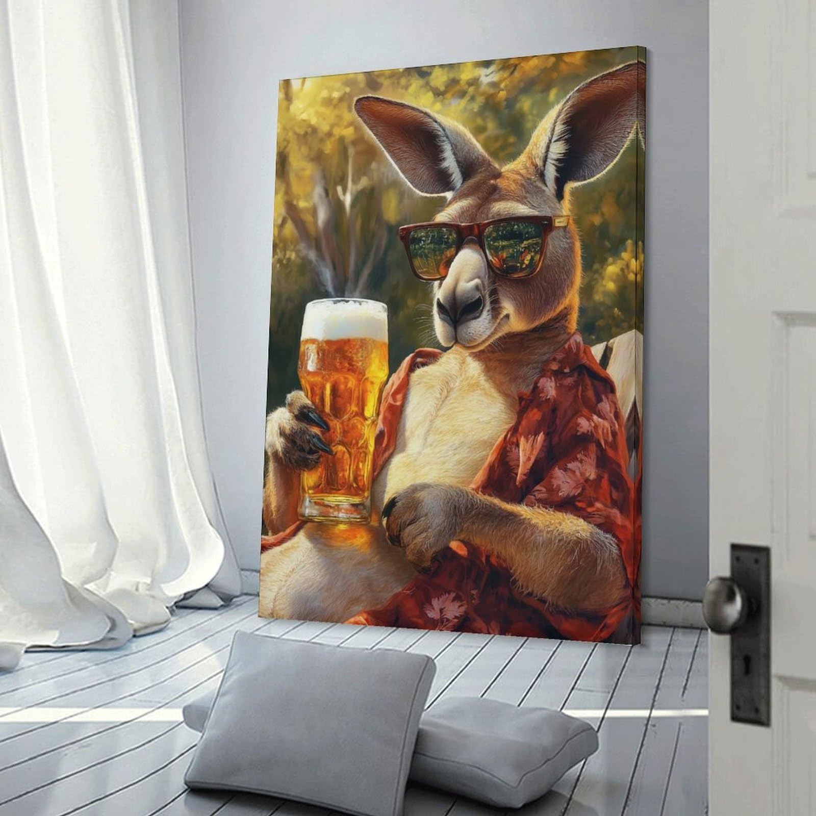 Junmoney Frame-Style-17 Home Decor Wall Art Kangaroo Drinking Beer, 24X36inch(60X90cm), For Bedroom Decor, Cosy Corners Or Studios, Decorative Wall Art For Cosy Rooms