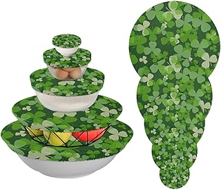 susiyo 5-Pieces Bowl Covers Reusable Elastic Food Storage Covers for Kitchen Outdoor Picnic, Green and White Clover Leaves