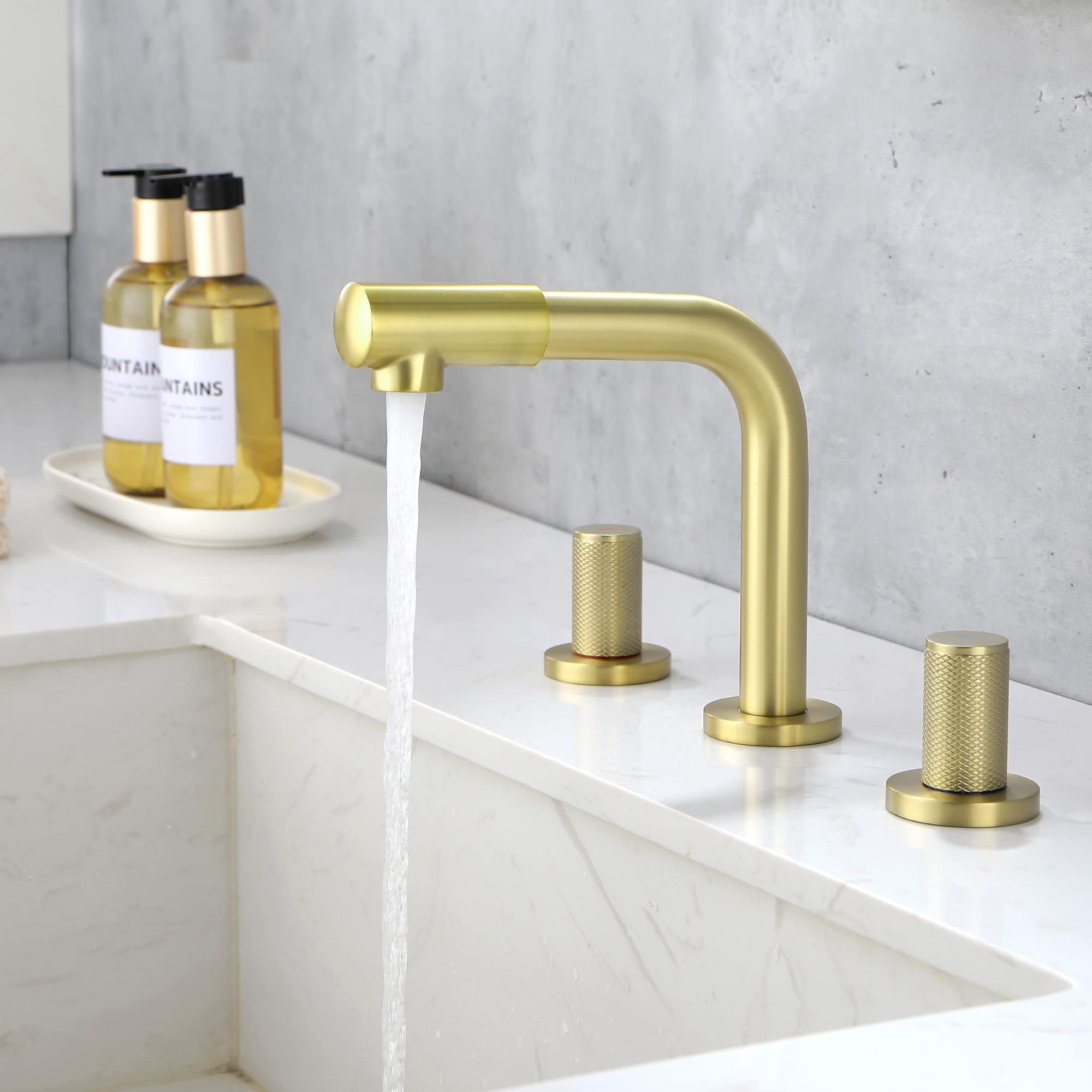 SHAMANDA8 Inch Widespread Faucet with 360 Degree Swivel Nozzle and Spout, Modern 2 Unique Knob Handles Bathroom Sink Faucet 3 Hole Brushed Gold, Valve and cUPC Water Supply Hoses Included, LB801-3