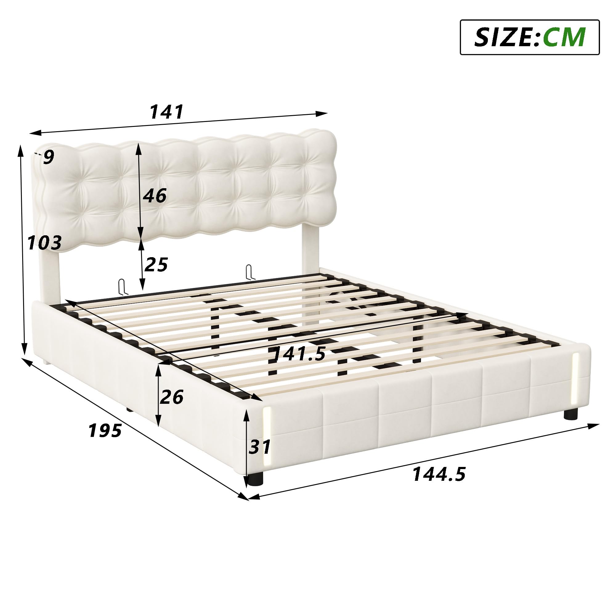 BRILVERDE Łóżko tapicerowane 140 x 190 cm, łóżko podwójne z miejscem do przechowywania i stelażem, hydrauliczne łóżko do przechowywania z oświetleniem LED, aksamitne, beżowe (140 x 190 cm)