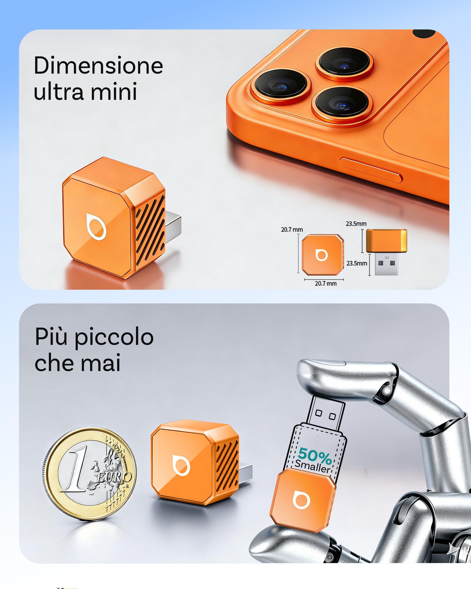 2026 Ottocast Mini Pot Orange, Adattatore CarPlay e Android Auto Wireless 2-in-1, Dongle Wireless Plug & Play, Auto-Connessione in 5s, Mini Cube per Auto con Sistema Cablato di Serie, iPhone e Android