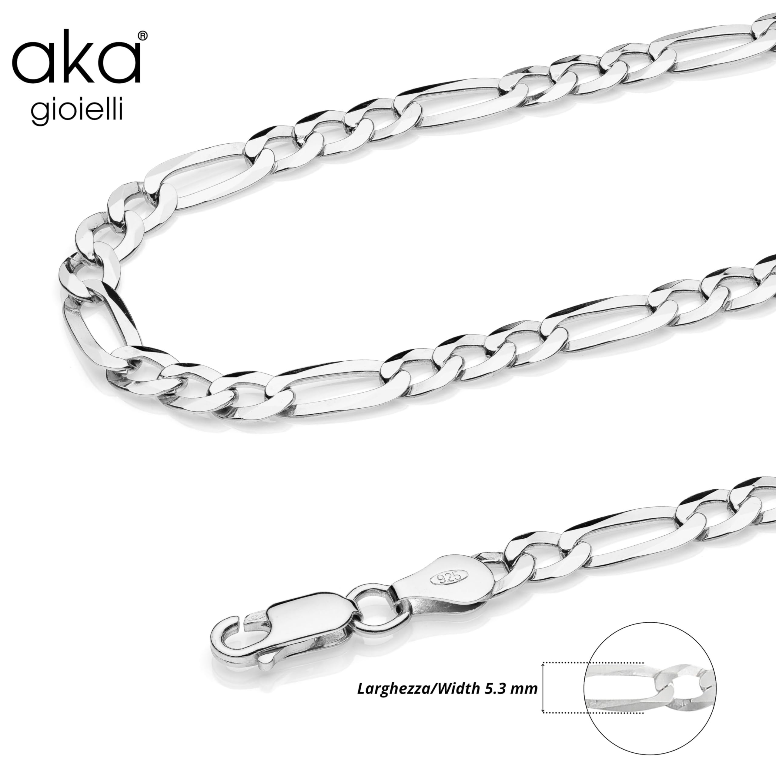 AKA Gioielli - Cadena Figaro 5.3 mm Plata De Ley Esterlina 925 Rodio - Collar Hombre Mujer Longitud: 45 50 55 60 65 70 75 cm
