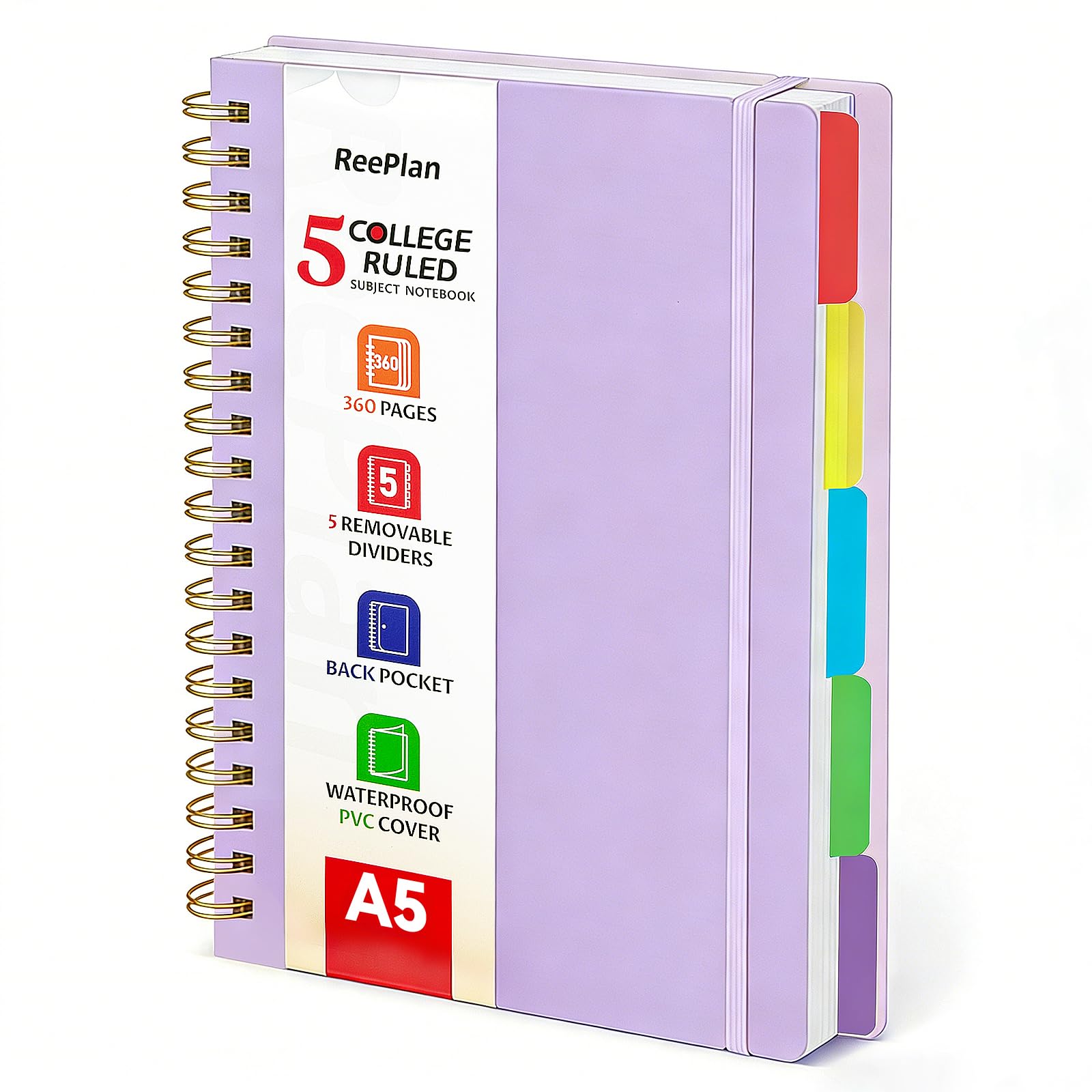 ReePlan A5 Spiral Notebook, 360 Pages College Ruled with 5 Removable Dividers, 100 GSM Thick Paper Journal, Multi-Subject Note Book for School, Office and Daily Writing (Purple)