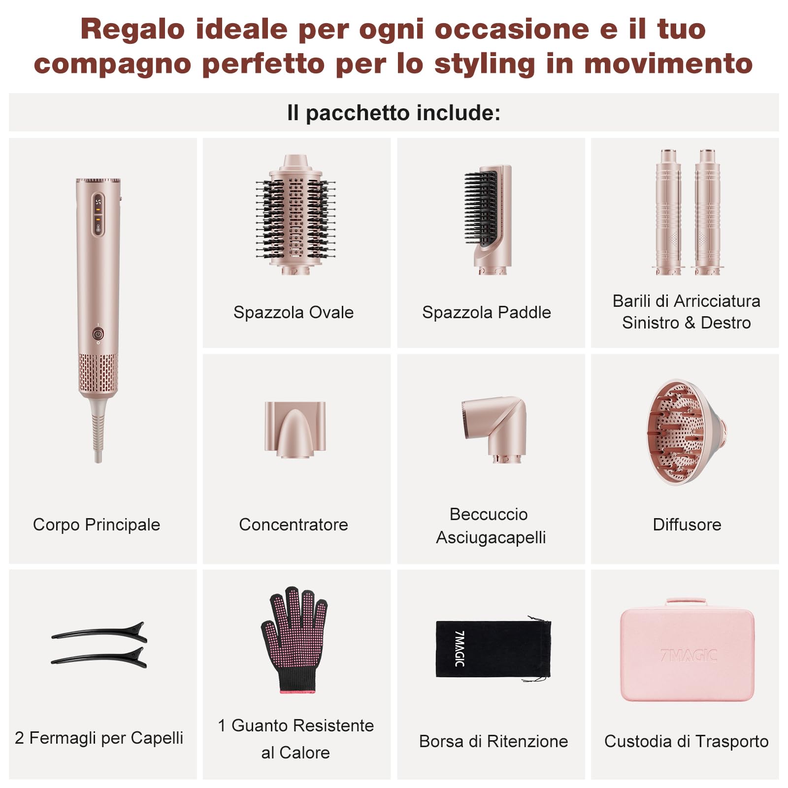 7MAGIC 7 in 1 Air Styler, Asciugacapelli Ionico, Spazzola Ad Aria Calda, Spazzola Lisciante, Arricciacapelli Automatico, Modellatori Multifunzione, Nessun Danno da Calore, con Custodia da Viaggio