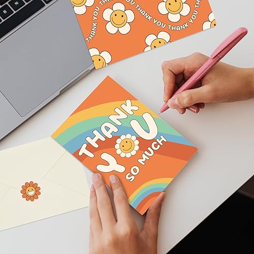 Miniatura 6 de Tarjetas de agradecimiento retro boho con sobres, 24 unidades, tarjetas de agradecimiento de graduación para profesores, niños, hippie, notas de