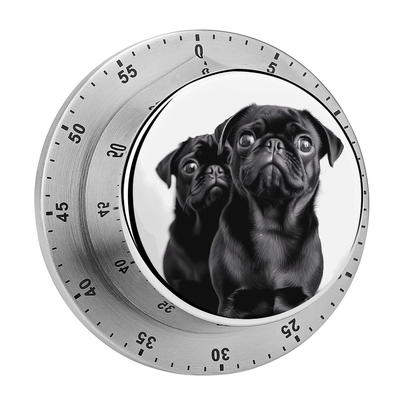 Cute Black Pug Dog Timers Adsorbable Stainless Steel Kitchen Timer Loud 60 Minute Visual Timer Portable Manual Countdown Timers Alarm Clock Time Management Tool for Home Work