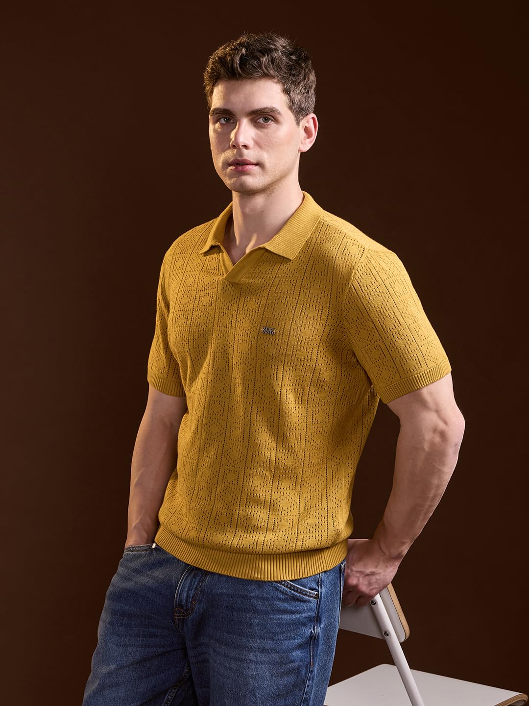 THE BEAR HOUSE Men's Mustard Pure Cotton Textured Knit Polo
