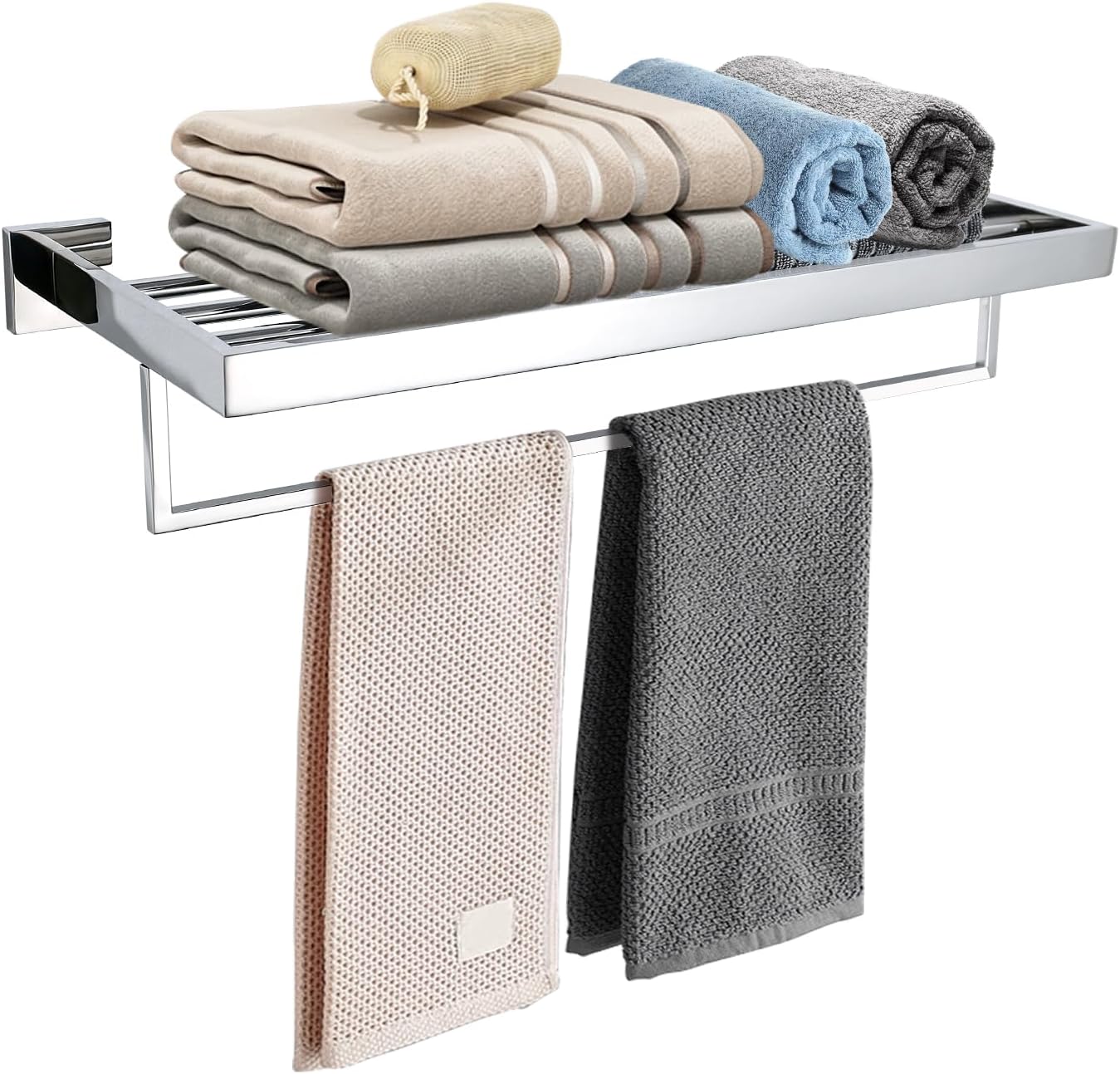 TURS Bathroom Towel Rack Polished Towel Shelf with Towel Bar Stainless Steel Wall Mounted Towel Holder Towel Rail 24 Inch