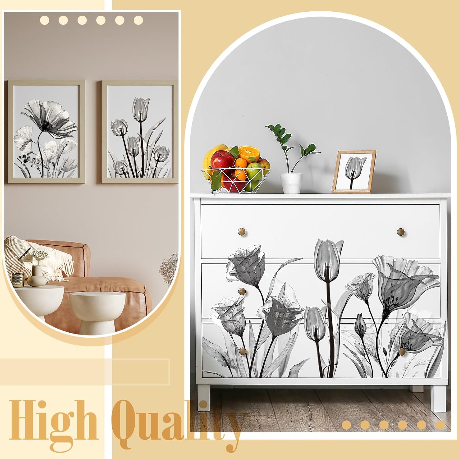 Sinmoe 4 Sheets Rub on Transfers for Furniture Flower Decals for Furniture Vintage Watercolor Flower Transfers Decals Tulip Craft Home Decoration, 4 Designs, 12 x 16 Inch(Black)