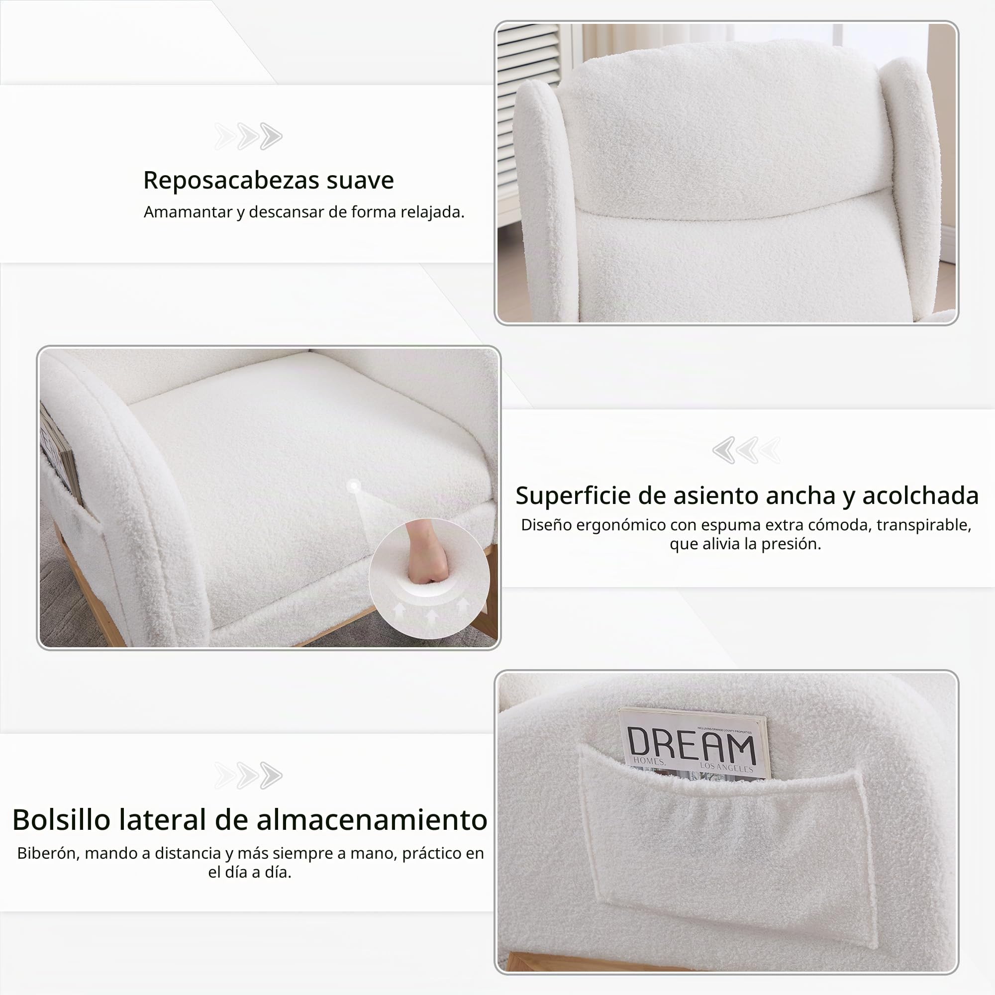 Mecedora, silla de lactancia, sillón de salón con estructura de madera, reposapiés ajustable, respaldo alto, tela teddy, con bolsillo, cómoda silla de acento para dormitorio, salón (blanco)