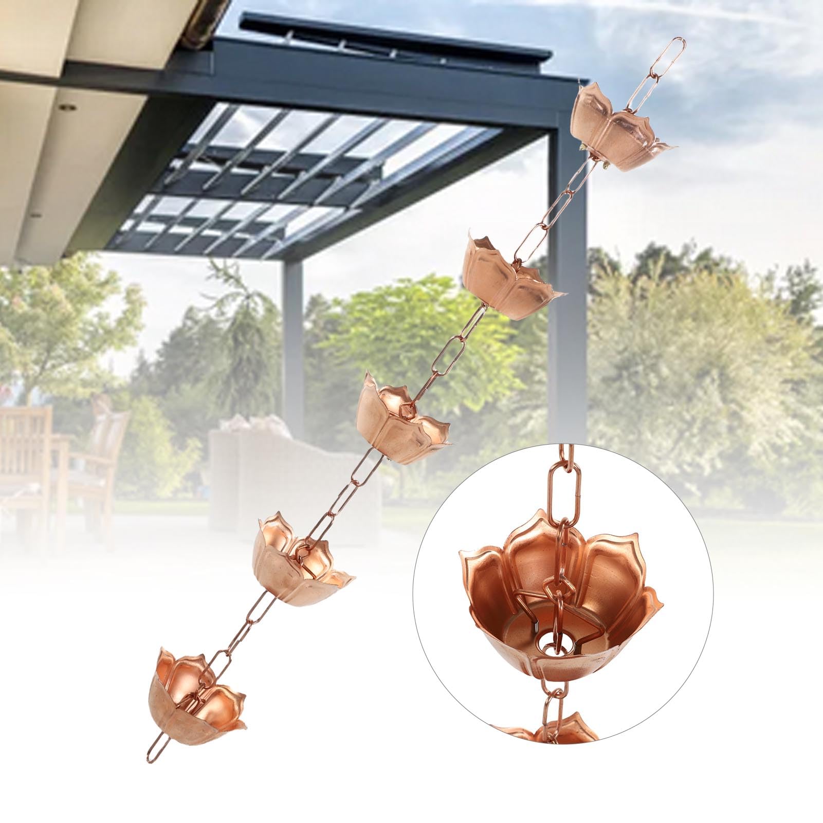 Buachois Catene Antipioggia Rame Coppa di Loto per grondaie 1M Decorativo Raccoglitore di Pioggia Esterno Resistente Grondaia di Ricambio 5 Fiori per Esterno Villa Giardino Parco