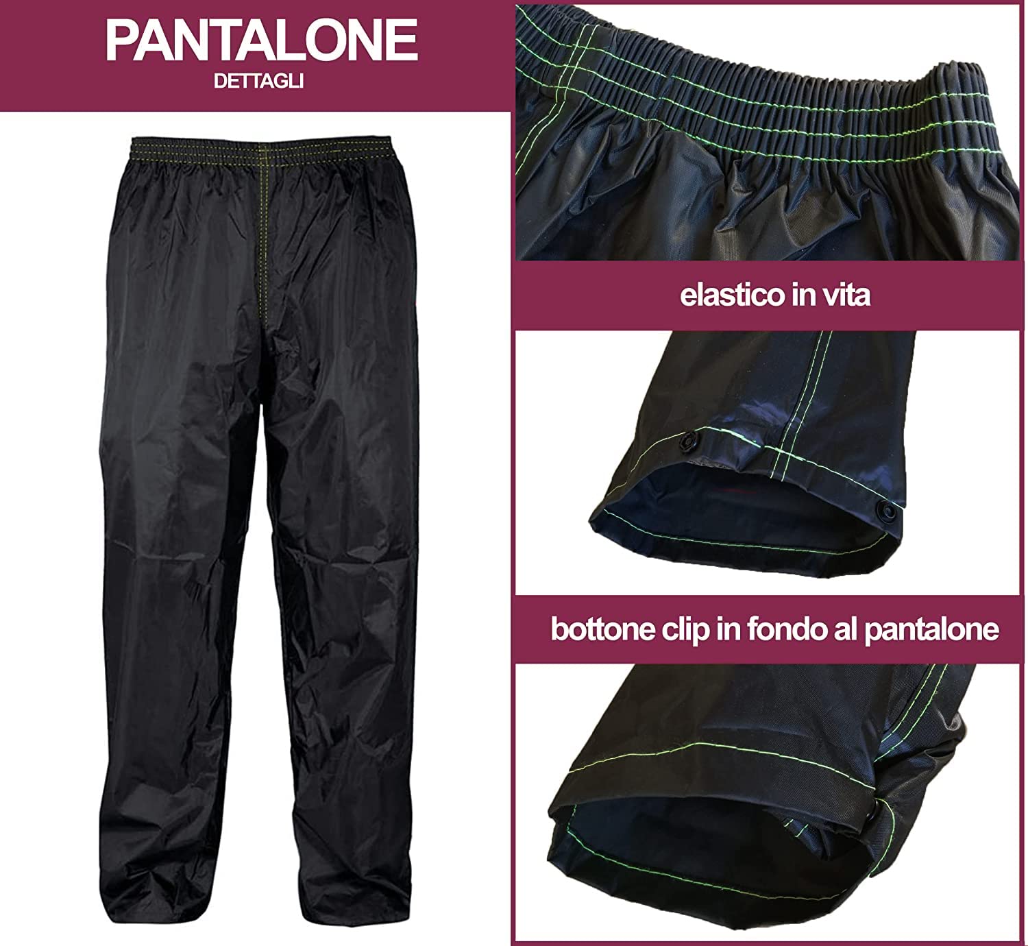 Rebeca Shop Tuta Moto Impermeabile Antipioggia Antivento | Nero | Completo Giacca e Pantalone - Cappuccio a Scomparsa | Uomo Donna | Scooter Bici | Kit Accessori Moto