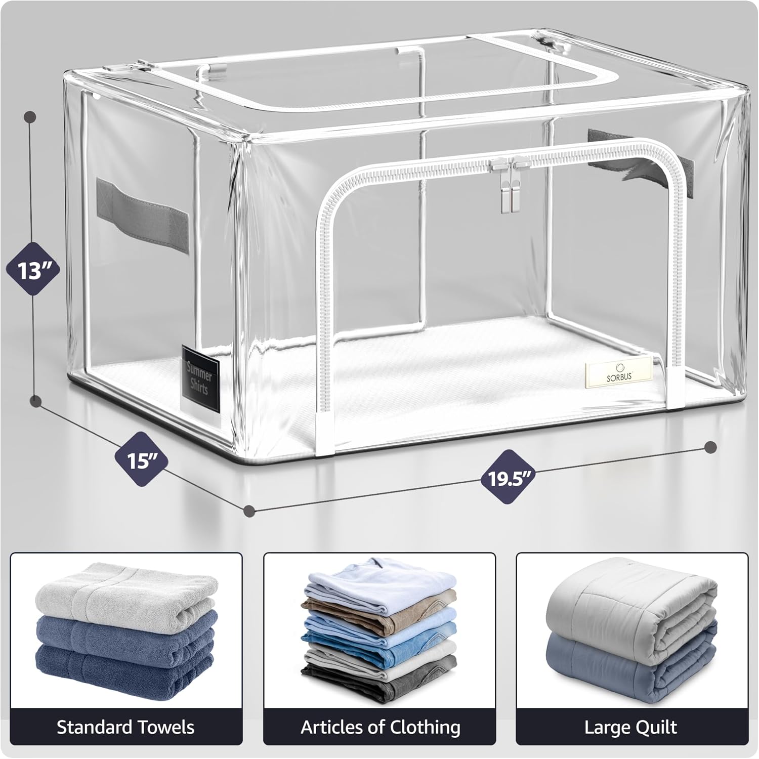 Sorbus Storage Bins with Metal Frame - Stackable & Foldable Clothes Organizer Bags - Clear Soft Plastic Storage Containers (4 Pack, Medium)