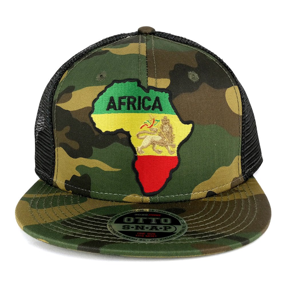 RGY Africa Map and Rasta Lion Embroidered Patch Camo Flat Bill Snapback Mesh Cap, Black, One Size