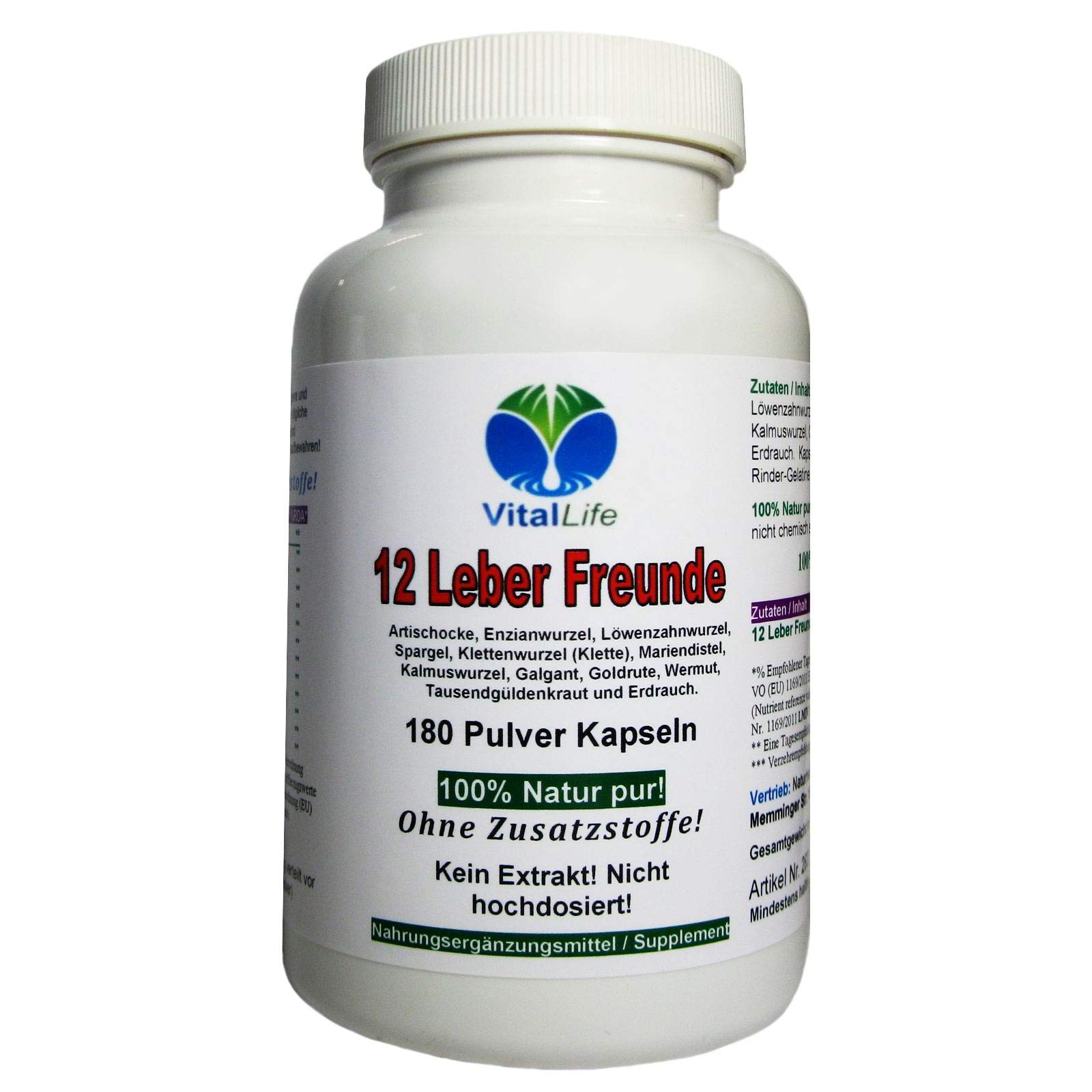 LEBER Vital Komplex 180 KAPSELN 12 Leberfreunde plus Leberkräuter Bitterkräuter Bitterstoffe MARIENDISTEL ARTISCHOCKE LÖWENZAHN WERMUT ENZIAN...100% NATUR pur. OHNE Zusatzstoffe 26313