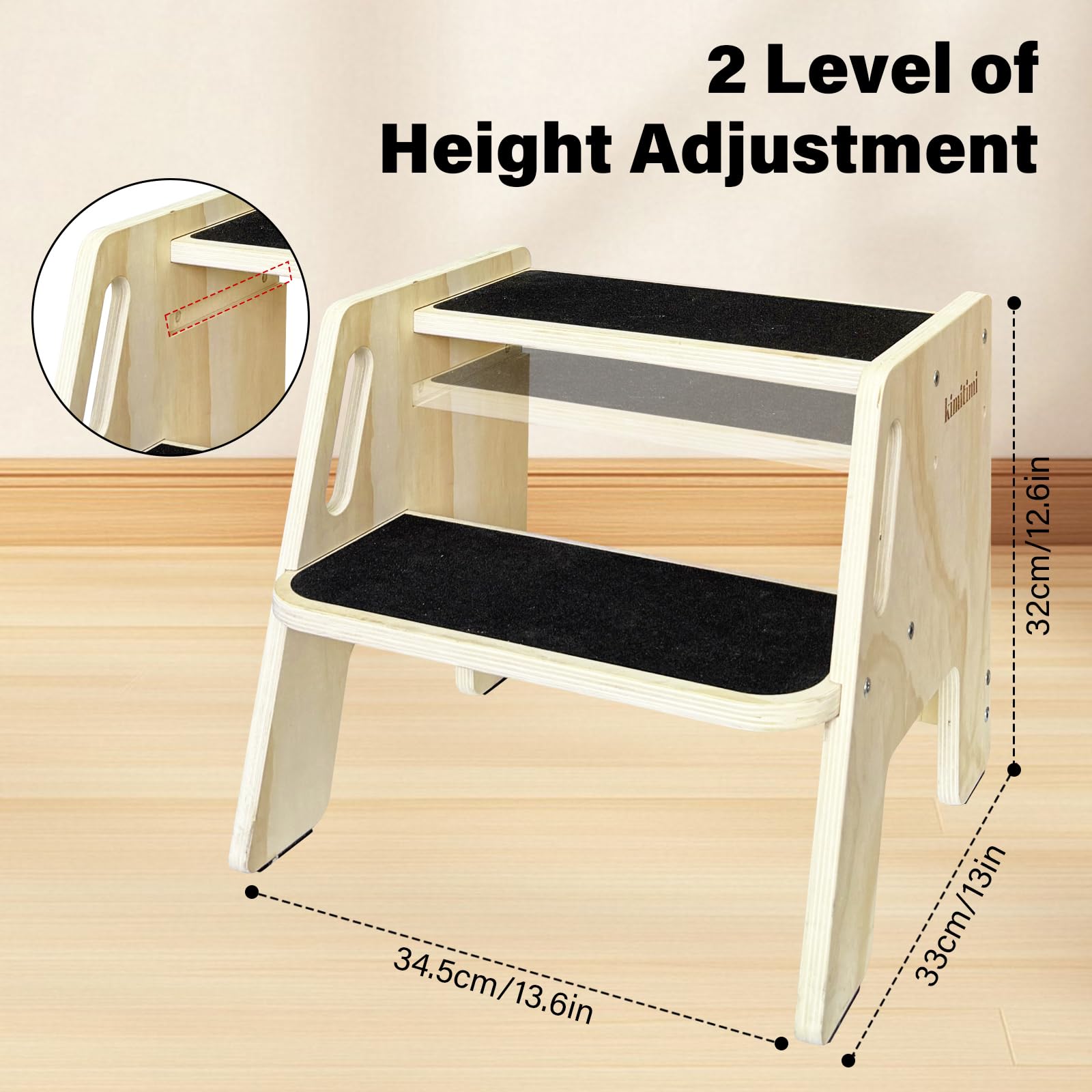 Dual-Height Wooden Step Stool for Kids & Adults, 300 LBS Capacity with Non-Slip Pads & Handles, Natural Toddler Step Stool for Kitchen, Bathroom, Bedroom, and Sink Use