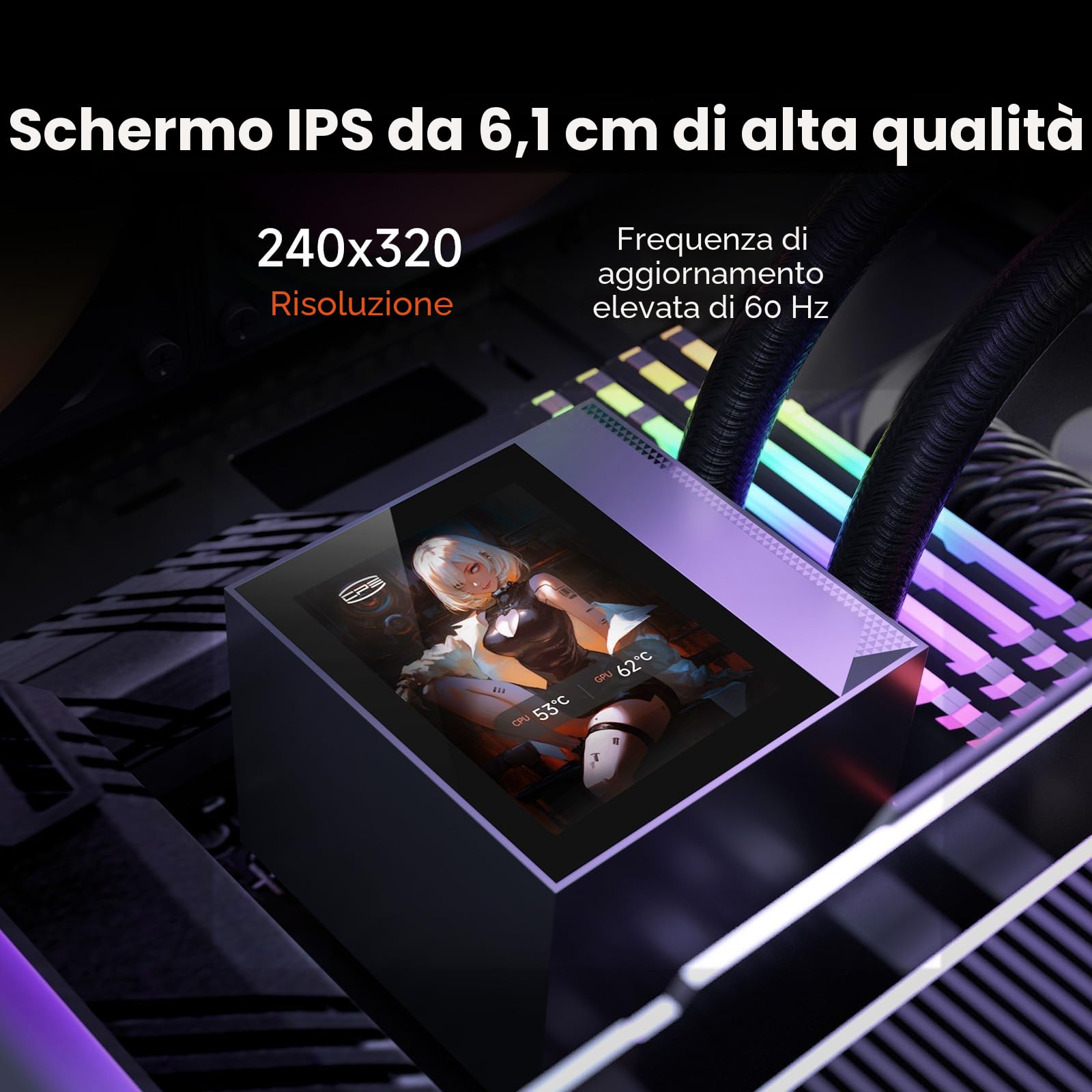 CPS Dissipatore Liquido per CPU, Raffreddamento Liquido AIO da 360mm, Pompa ad Alte Prestazioni, Display IPS da 2,4” con Ventole Silenziose F5 R120mm (DC360 Pro ARGB Display BK)