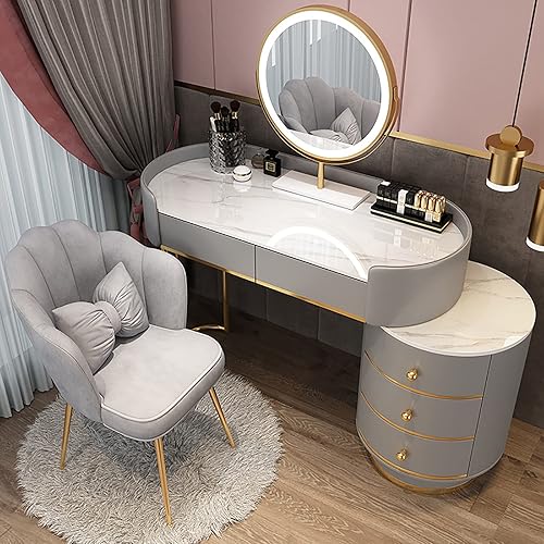 Juego de tocador de maquillaje con diseño vallado, juego de mesa de tocador con espejo iluminado de atenuación de 3 colores, estantes de