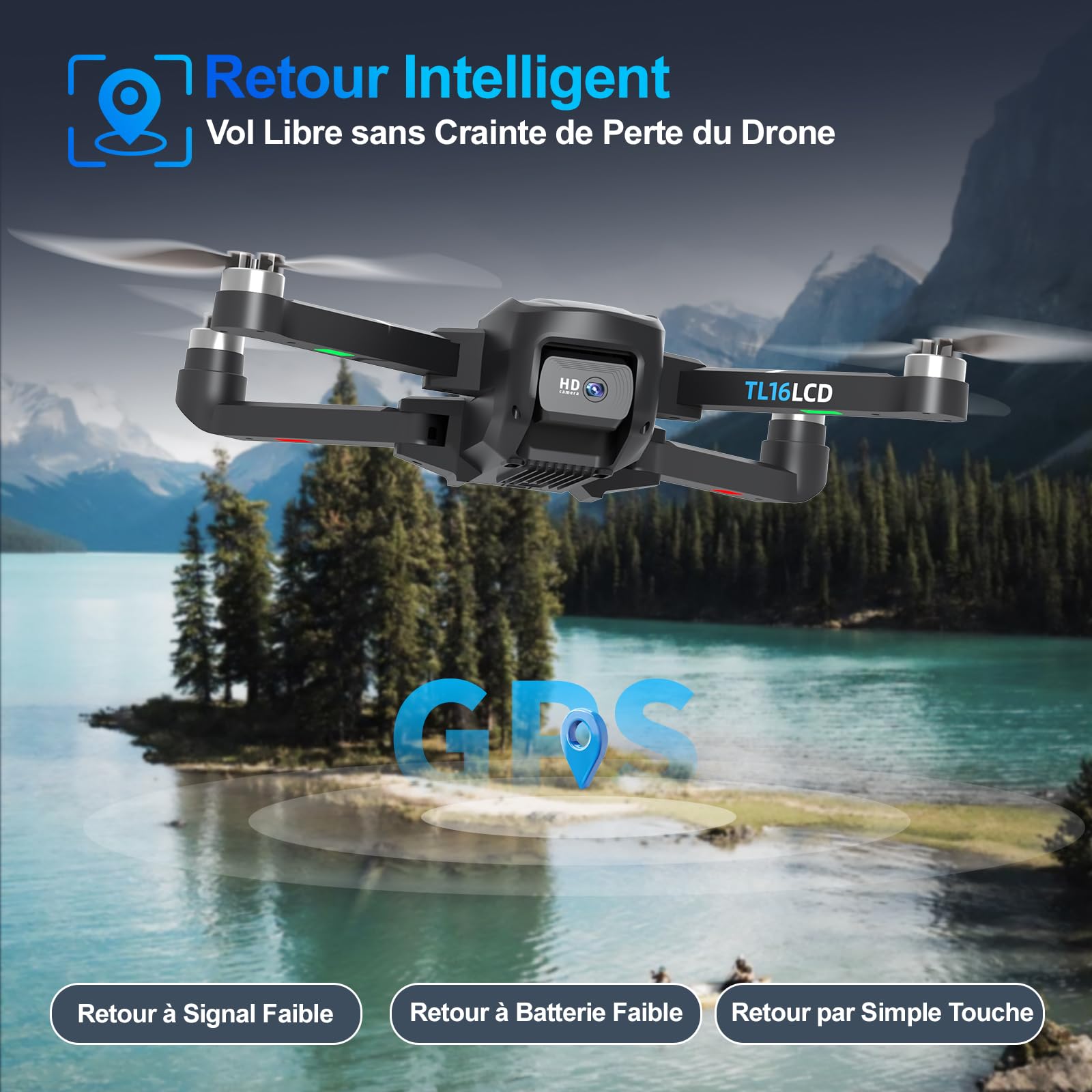 TL16LCD Drone avec Camera 4K, Drone GPS pour Débutants avec Télécommande LCD Retour Automatique Follow Me Transmission en Temps Réel 5G Drones FPV pour Adultes